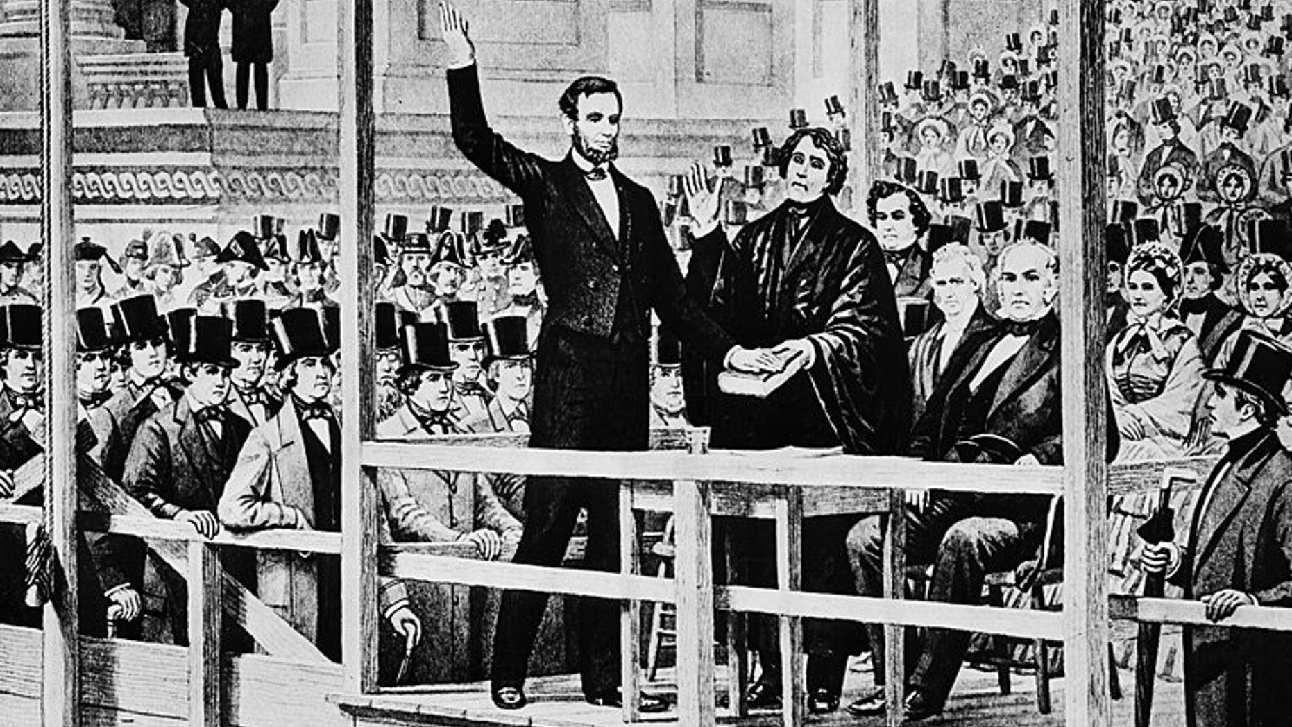 This drawing shows Abraham Lincoln taking the oath of office as the 16th president of the United States in front of the U.S. Capitol in Washington on March 4, 1861. AP PHOTO