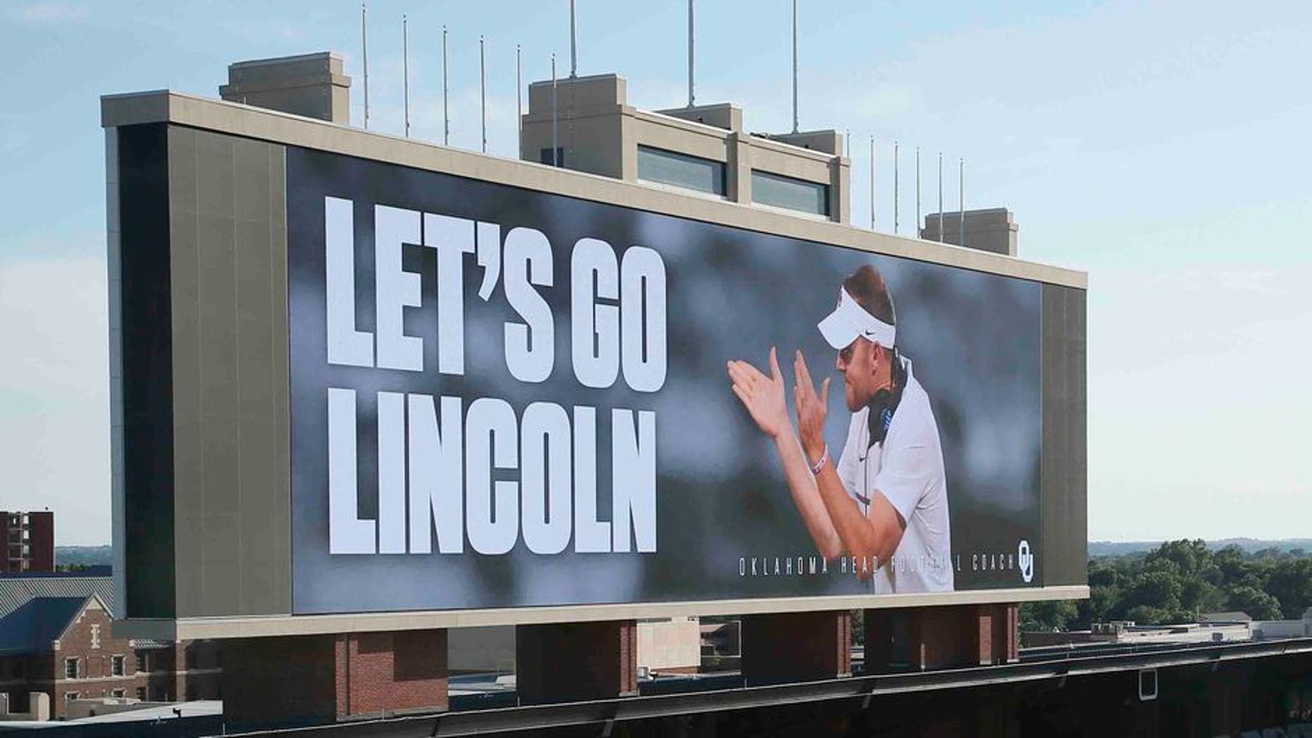 The scoreboard at the Oklahoma football field reads "Let's Go Lincoln" following a news conference to announce the retirement of football coach Bob Stoops and the naming of Lincoln Riley as Stoops' successor, in Norman, Okla., Wednesday, June 7, 2017. (AP Photo/Sue Ogrocki)