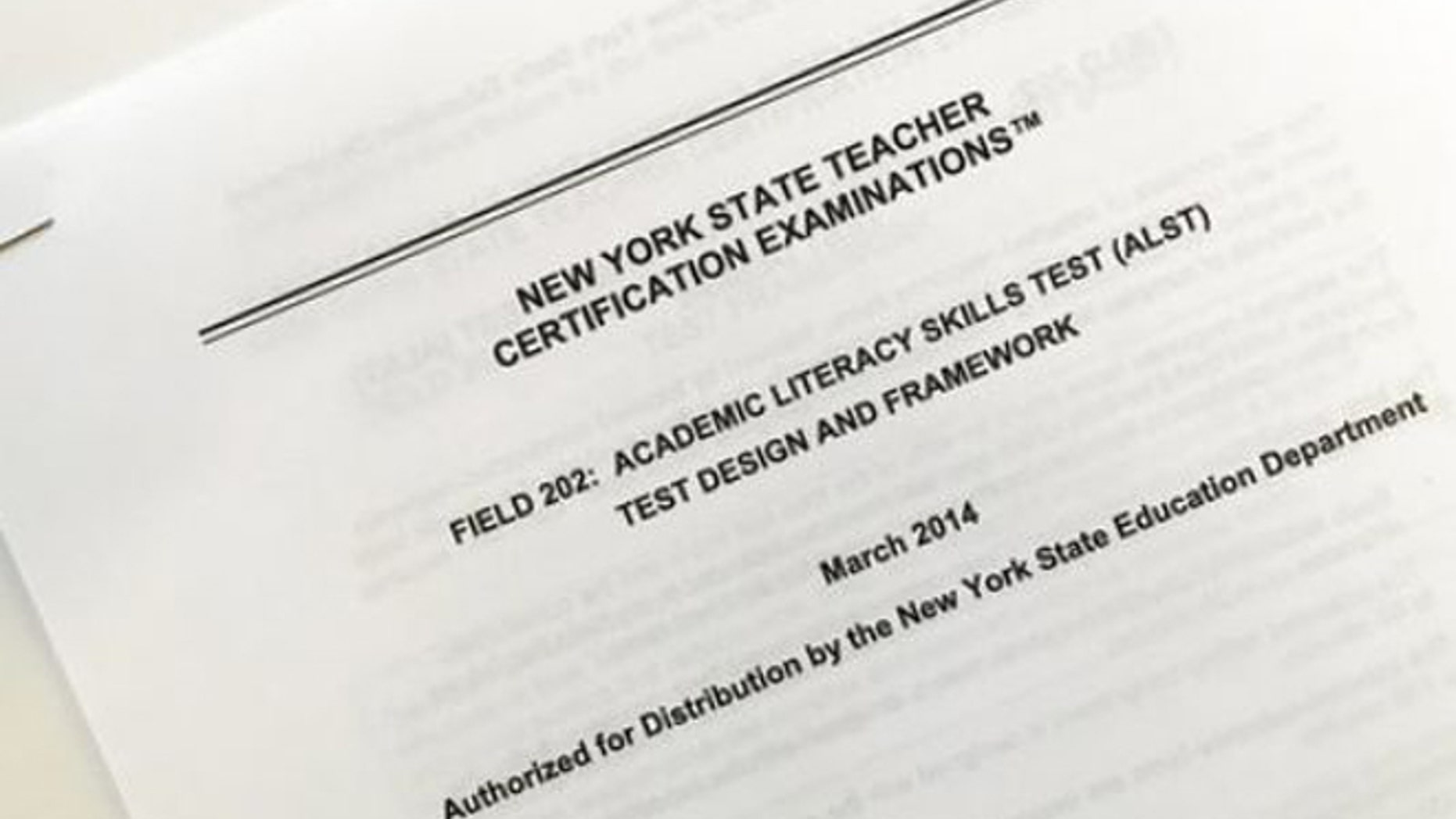 This March 8, 2017 photo shows the front page of a document explaining a certification exam known as the Academic Literacy Skills Test, designed to measure the reading and writing skills of aspiring teachers, in New York.