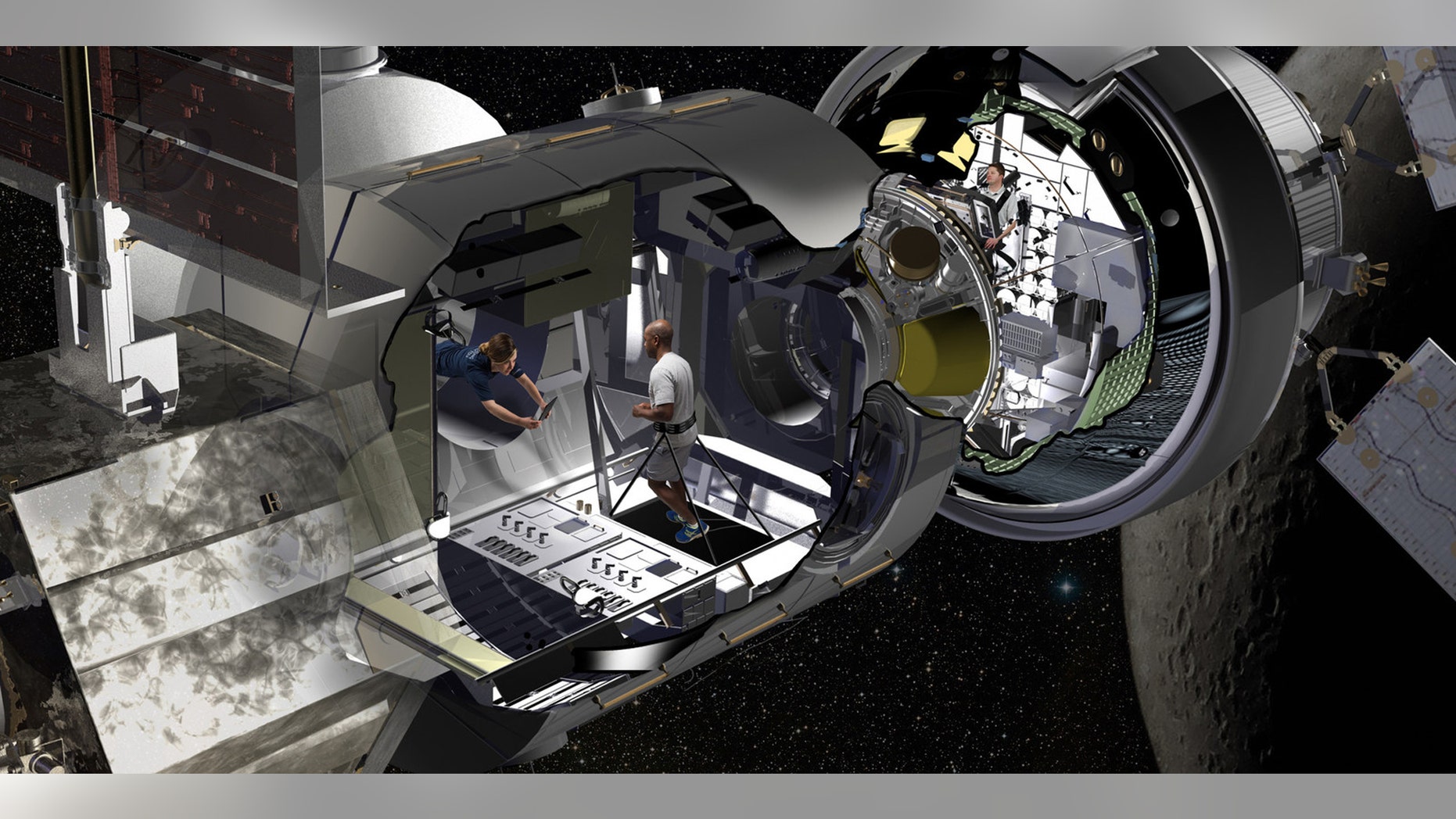 Lockheed Martin artist rendering of the NextSTEP habitat docked with Orion in cislunar orbit as part of a concept for the Deep Space Gateway. Orion will serve as the habitats command deck in early missions, providing critical communications, life support and navigation to guide long-duration missions. (PRNewsfoto/Lockheed Martin)