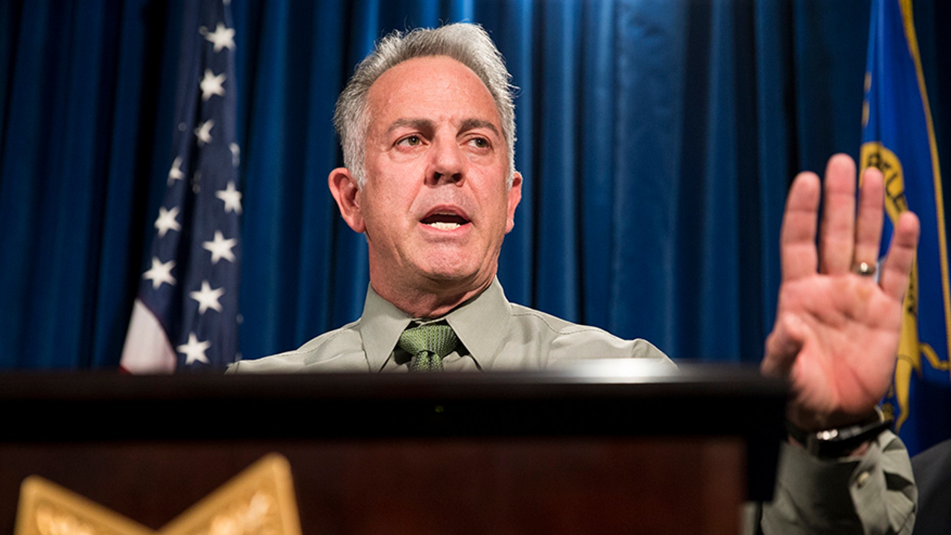 Oct. 9, 2017: Clark County Sheriff Joe Lombardo discusses the Route 91 Harvest festival mass shooting at the Las Vegas Metropolitan Police Department headquarters in Las Vegas.
