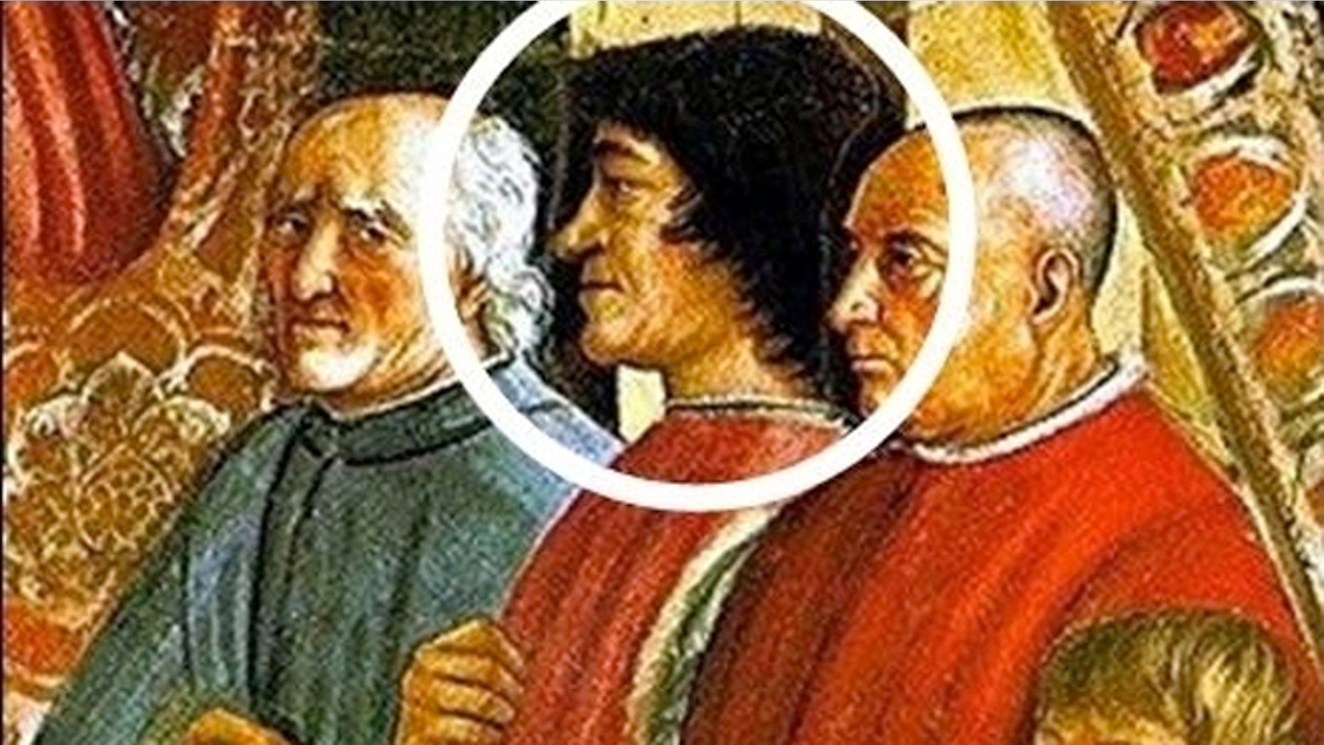 Can facial-recognition software, written to spot live faces, identify people in paintings such as this fresco showing 15th-century Italian statesman Lorenzo de' Medici (circled)?
