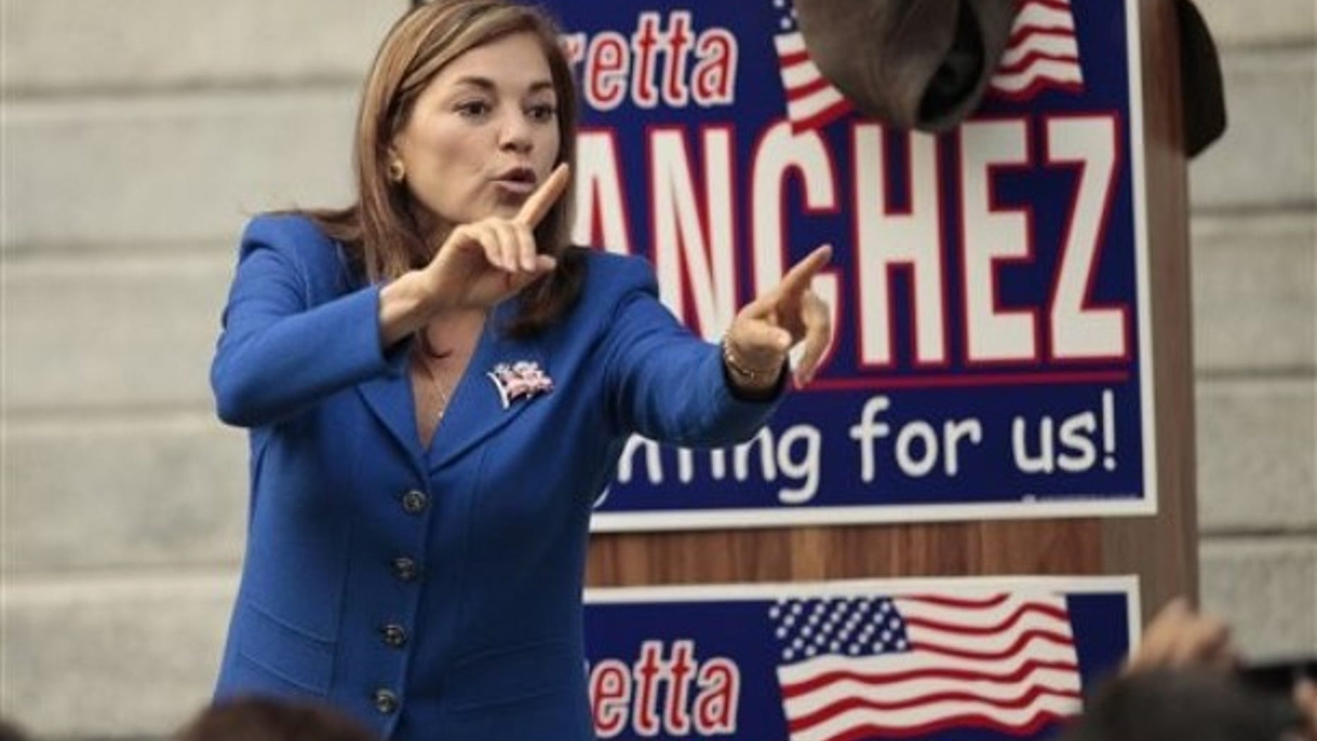 Rep. Loretta Sanchez, D-Calif. , speaks to supporters on Friday, Oct. 15, 2010, outside the Old Orange County Courthouse in Santa Ana, Calif. (AP)