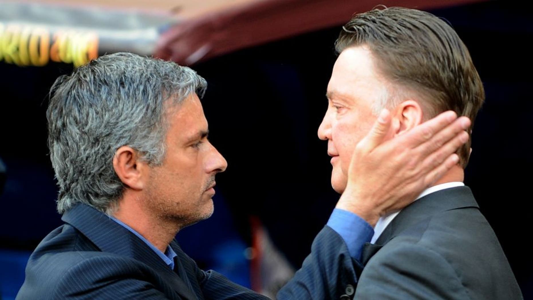 Bayern Munich's Dutch head coach Louis van Gaal (R) and Inter Milan's Portuguese coach Jose Mourinho greet each other before the UEFA Champions League final football match Inter Milan against Bayern Munich at the Santiago Bernabeu stadium in Madrid on May 22, 2010. AFP PHOTO / PEDRO ARMESTRE (Photo credit should read PEDRO ARMESTRE/AFP/Getty Images)