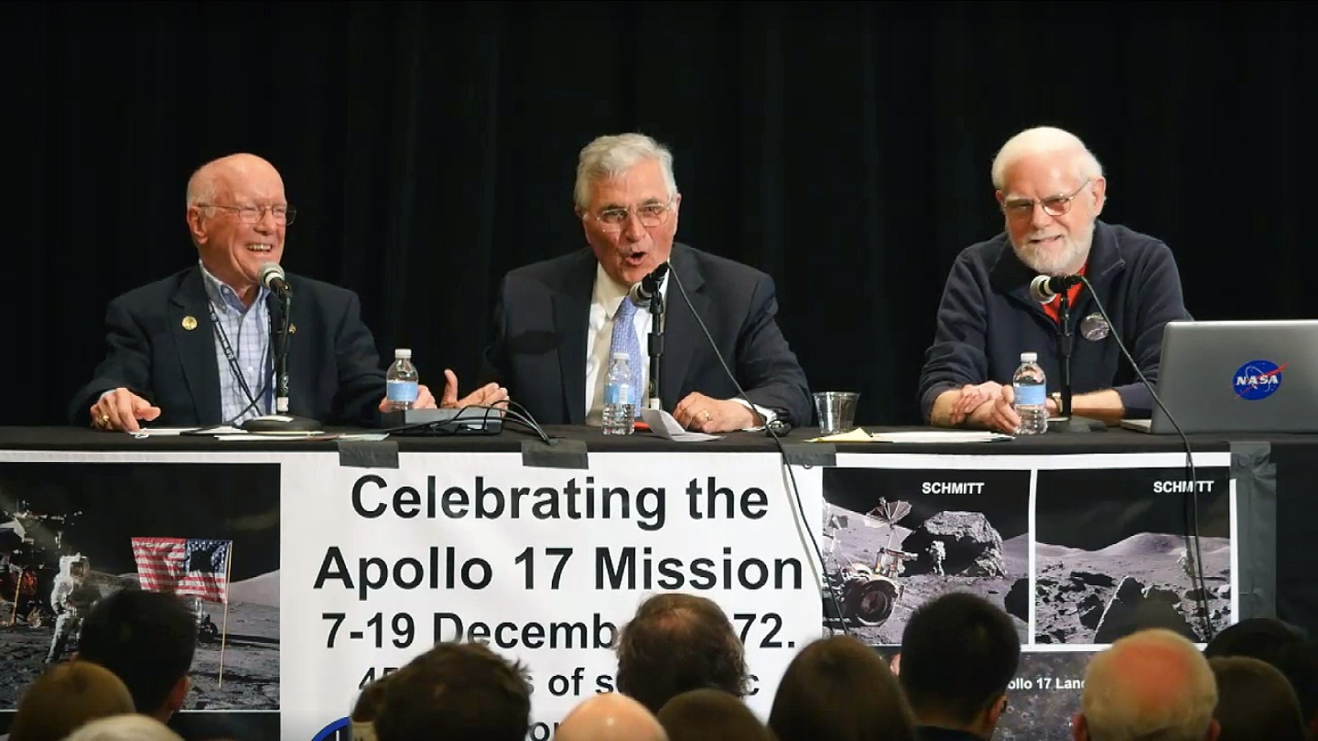 Apollo 17 flight director Gerry Griffin (left), retired astronaut Jack Schmitt (center) and backroom scientist James Head held a panel discussion for the 45th anniversary of the Apollo 17 mission at the Lunar and Planetary Science Conference in The Woodlands, Texas, on March 21, 2018.