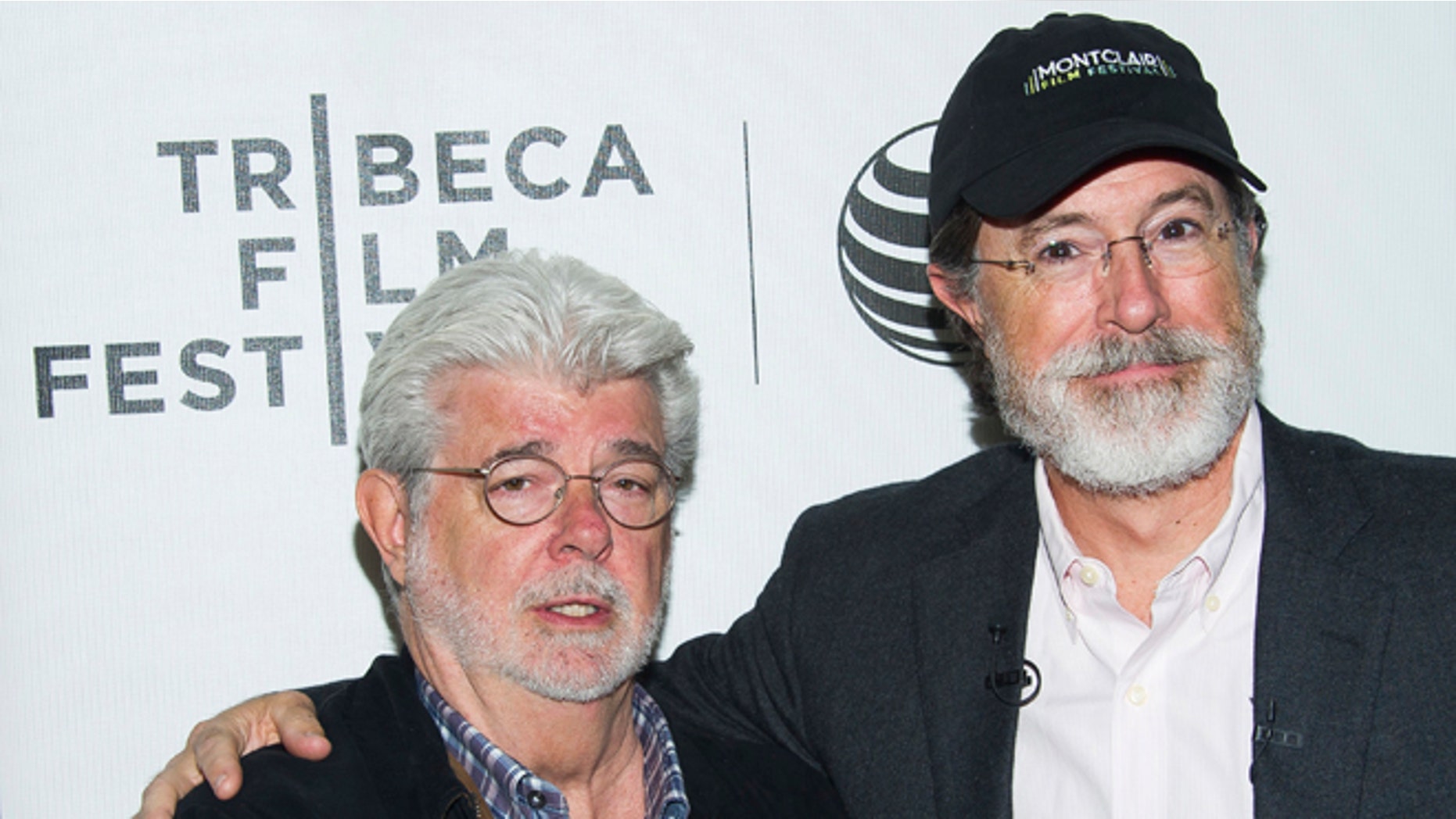 April 17, 2015. George Lucas, left, and Stephen Colbert attend the Tribeca Talks: Director Series during the Tribeca Film Festival at the BMCC Tribeca Performing Arts Center in New York.