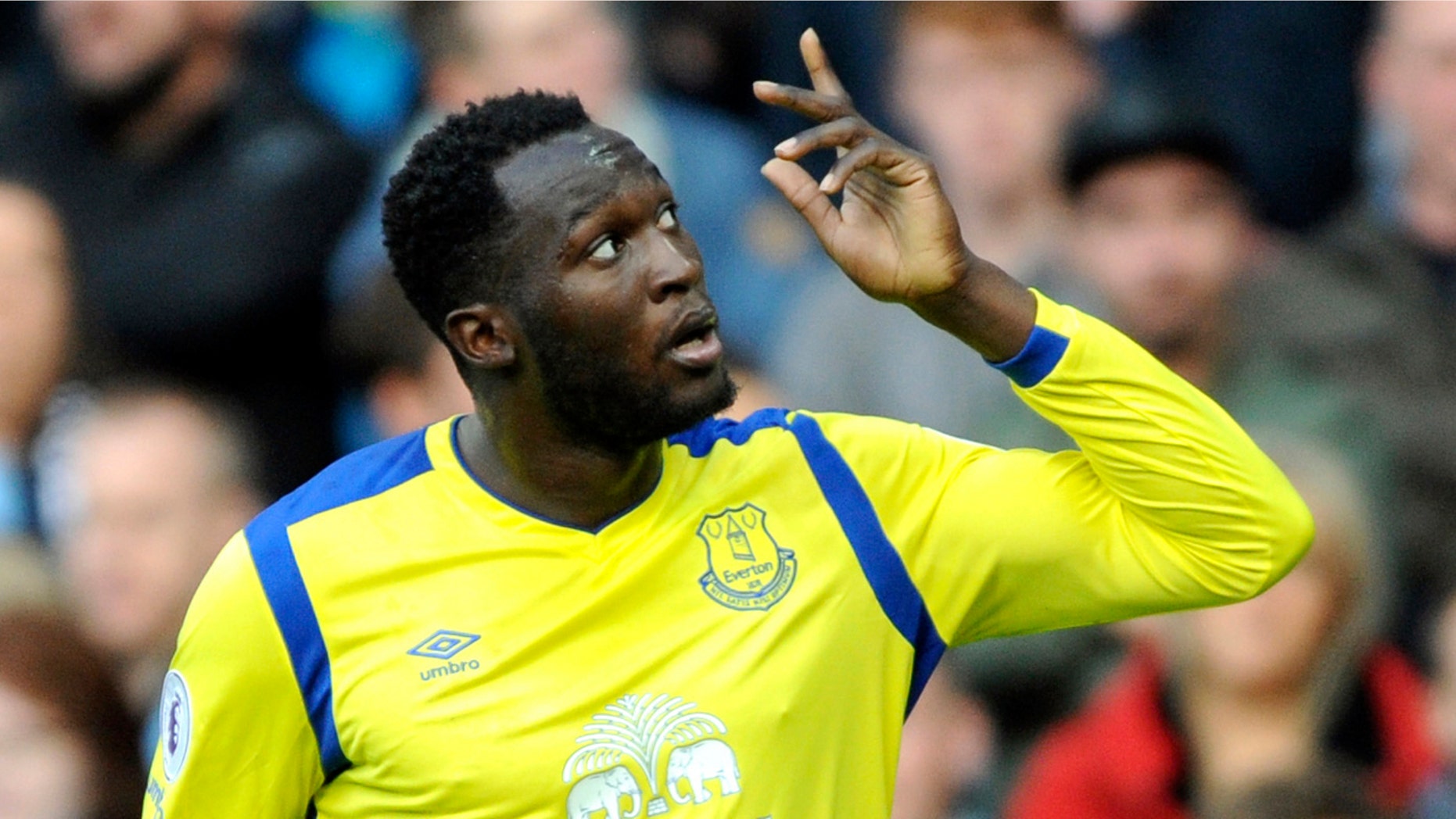 In this Saturday, Oct. 15, 2016 file photo, Everton's Romelu Lukaku celebrates after scoring during the English Premier League soccer match between Manchester City and Everton at the Etihad Stadium in Manchester, England.