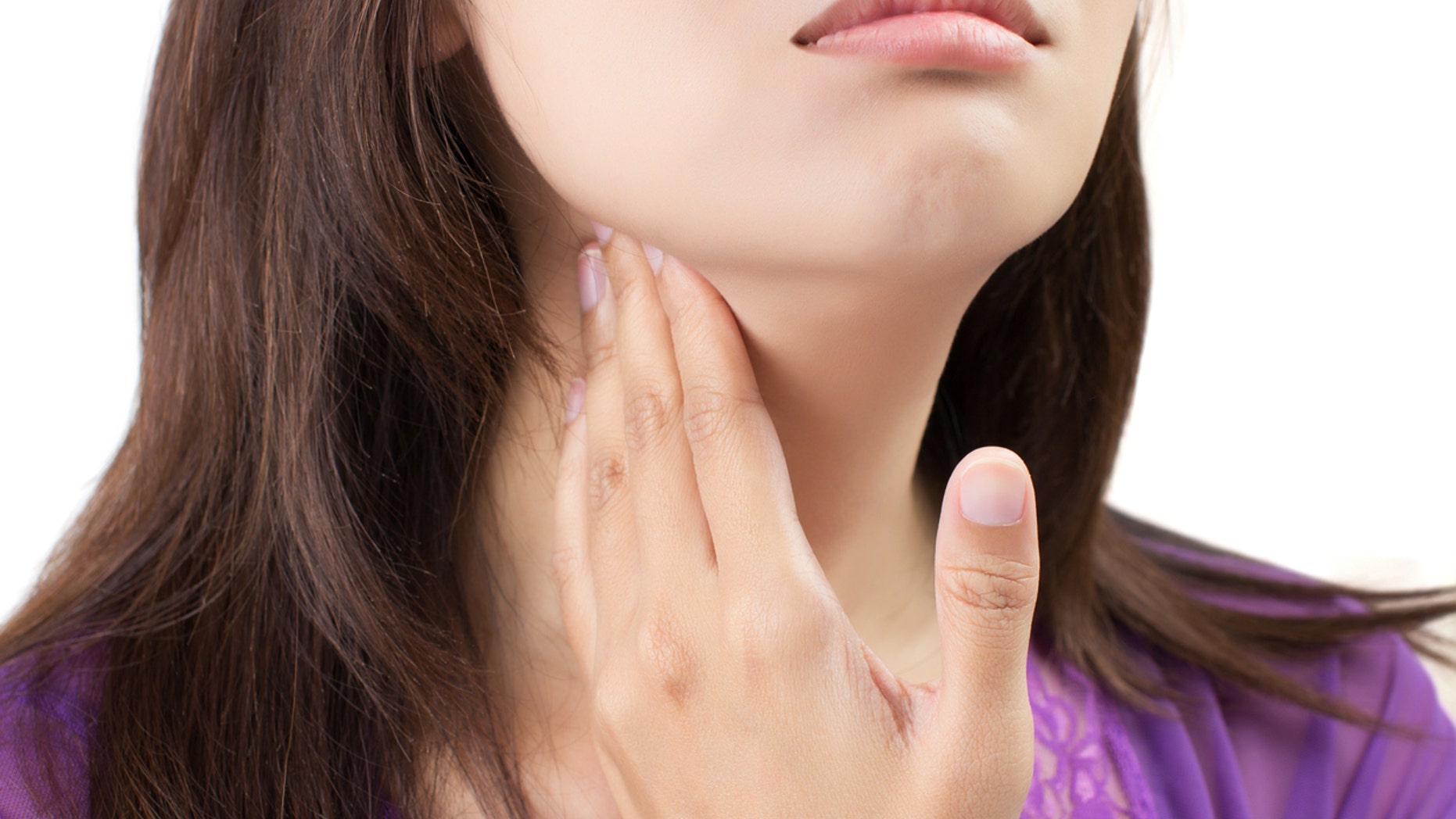 Sore throat woman isolate on white background