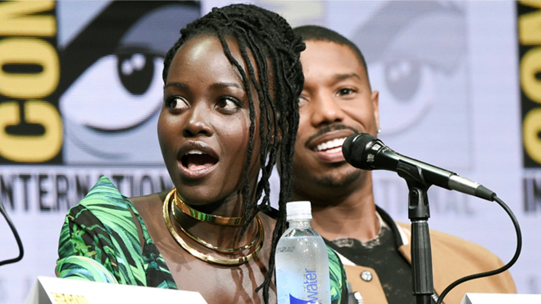 Lupita Nyong'o and Michael B. Jordan attend the Marvel panel at Comic-Con.