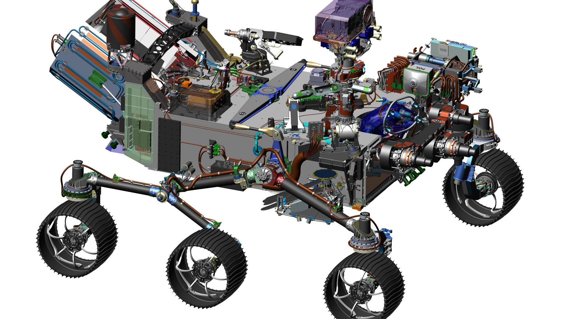 This image is from computer-assisted-design work on the Mars 2020 rover. The design leverages many successful features of NASA's Curiosity rover, which landed on Mars in 2012, but also adds new science instruments and a sampling system to carry out new goals for the 2020 mission.