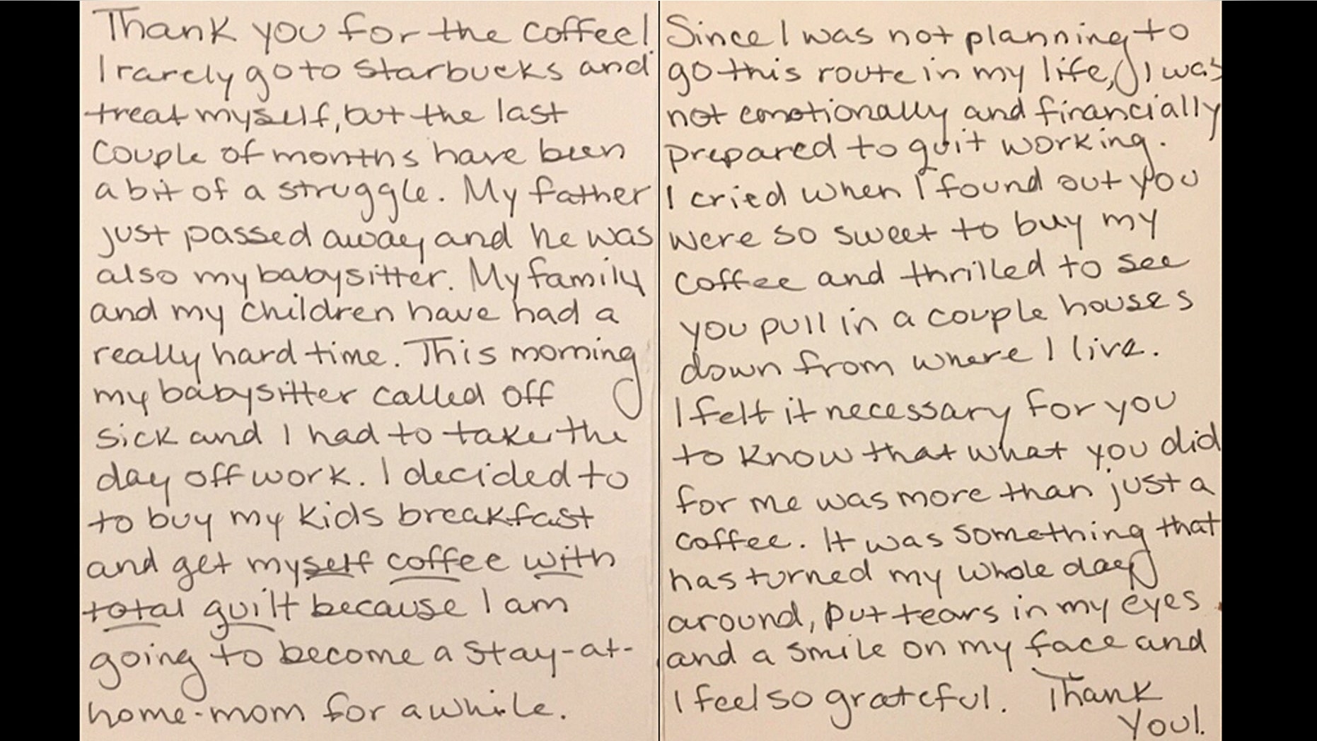 Last week, Mackenzie Mauller received a note from a woman after she bought her a cup of coffee.