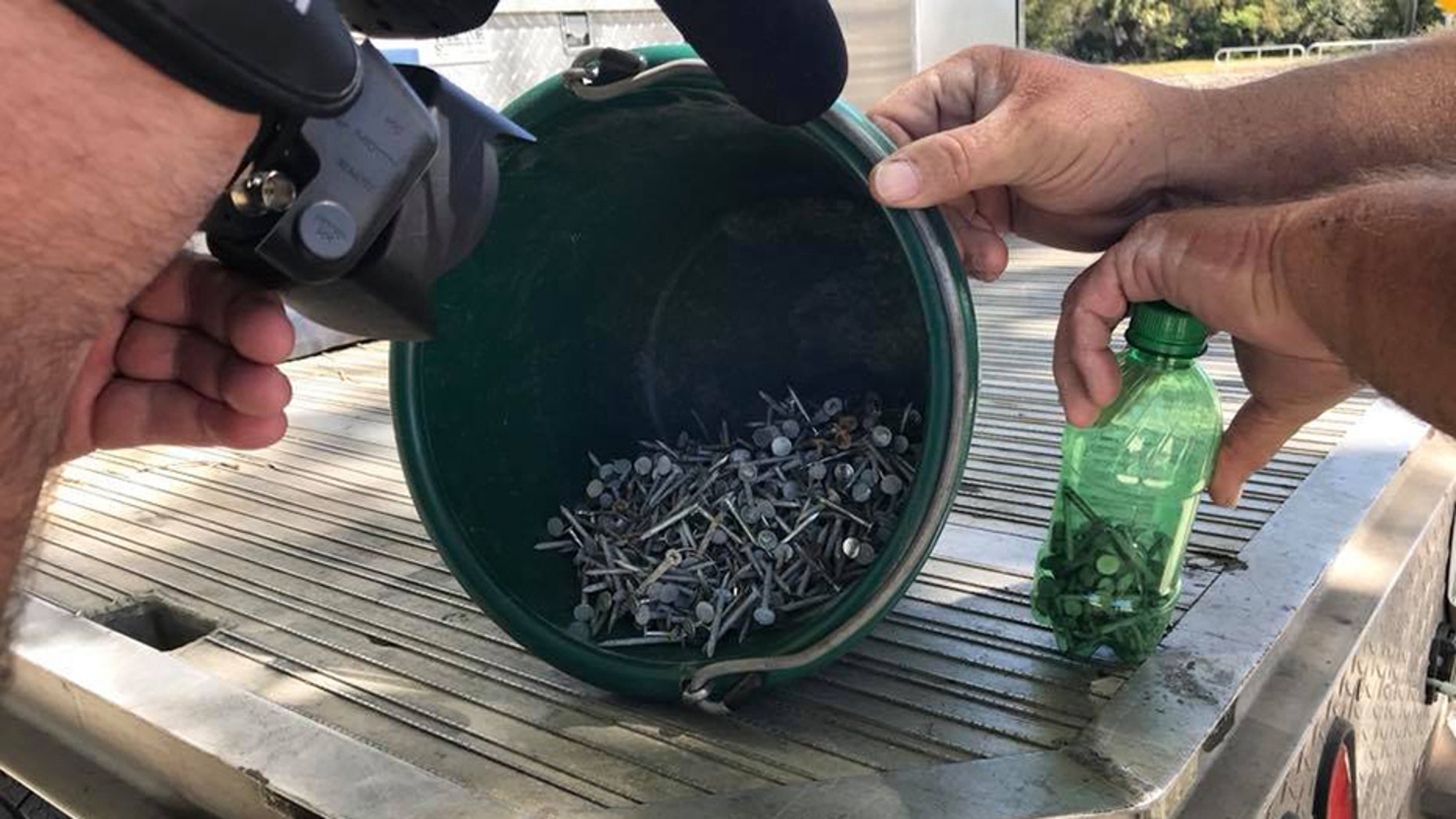 - Authorities in Oak Hill in Florida say someone is dumping nails along U.S. 1, and they're doing it on purpose.