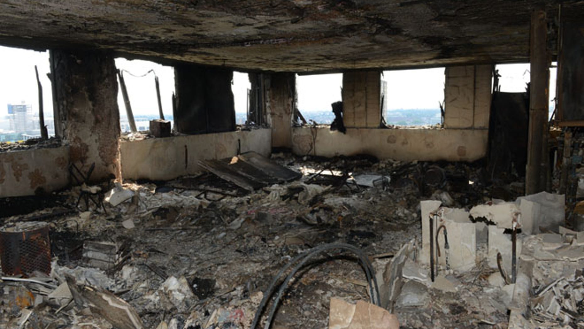 A view of an apartment in London's Grenfell Tower after a fire engulfed the 24-story building. 79 people have been confirmed dead.
