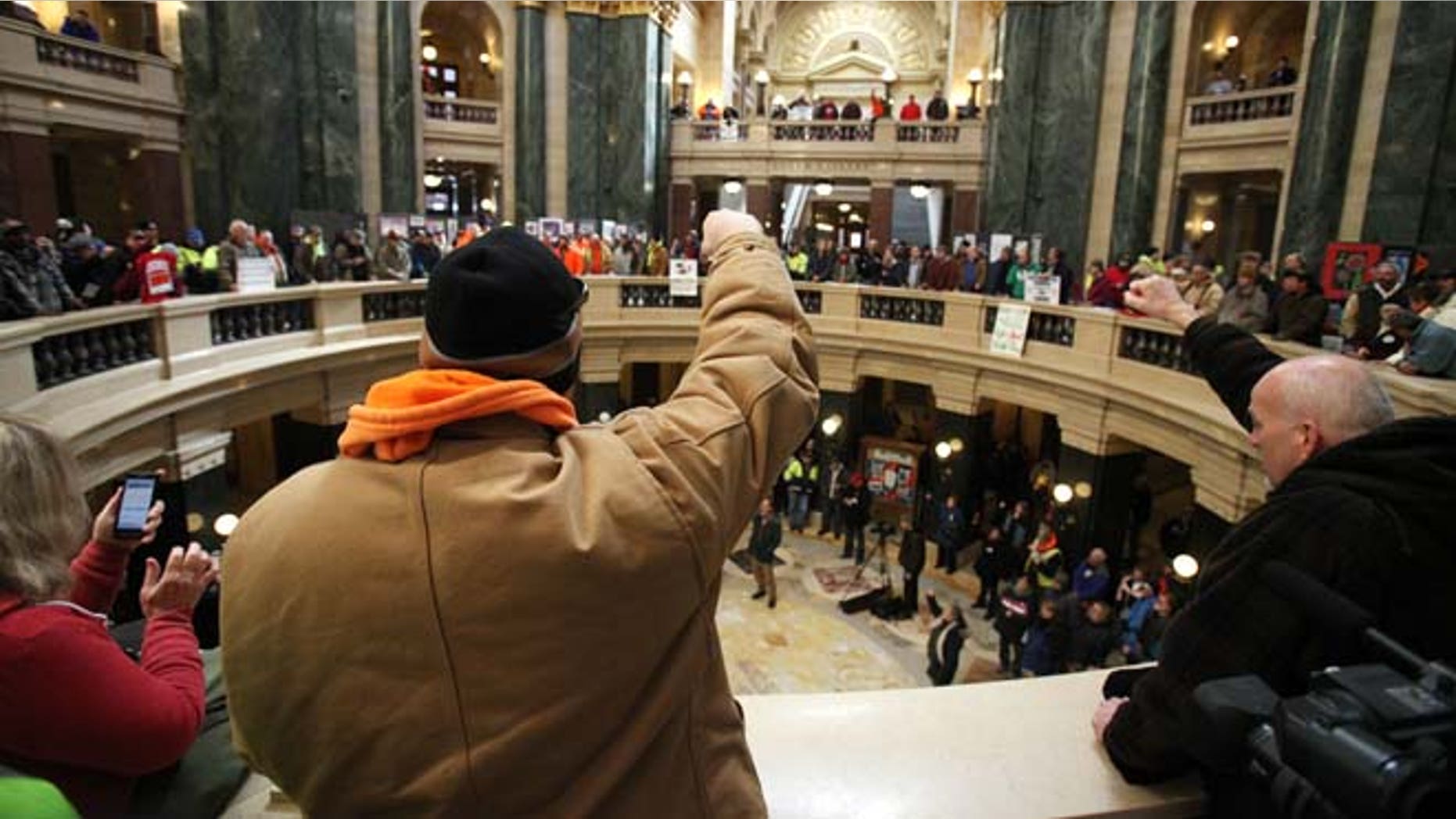 March 5, 2015: A crowd rallies inside the Wisconsin State Capitol as the state Assembly debates the right-to-work bill in Madison, Wis.