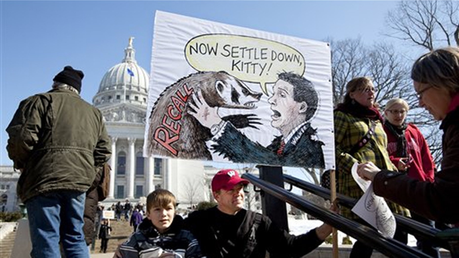 Protesters gather outside the Capitol in Madison, Wis., March 10.