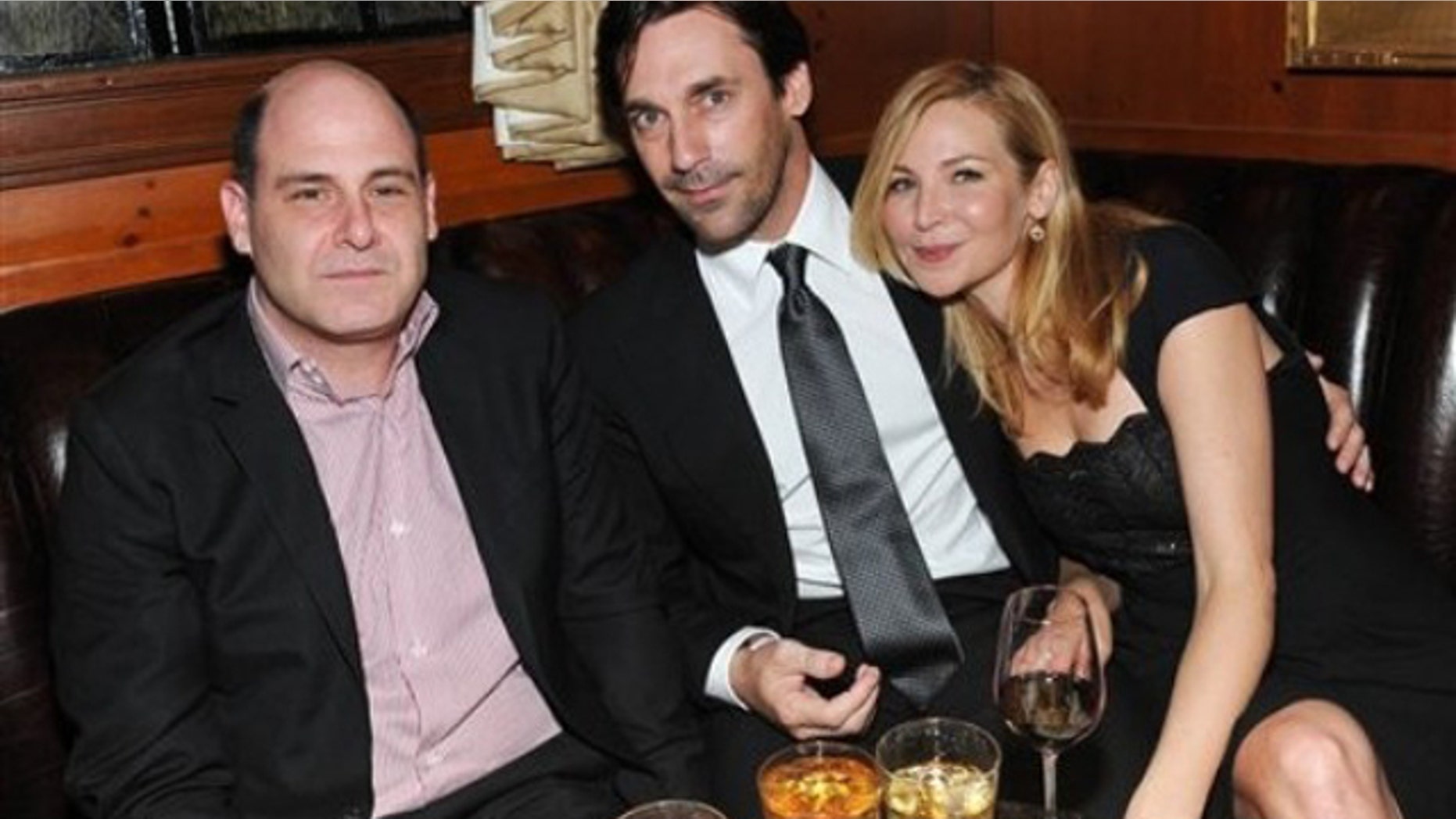 Series creator and executive producer Matthew Weiner, left, and actor Jon Hamm and actress Jennifer Westfeldt attend the 'Mad Men' Season 4 Finale screening at the 21 Club in New York City