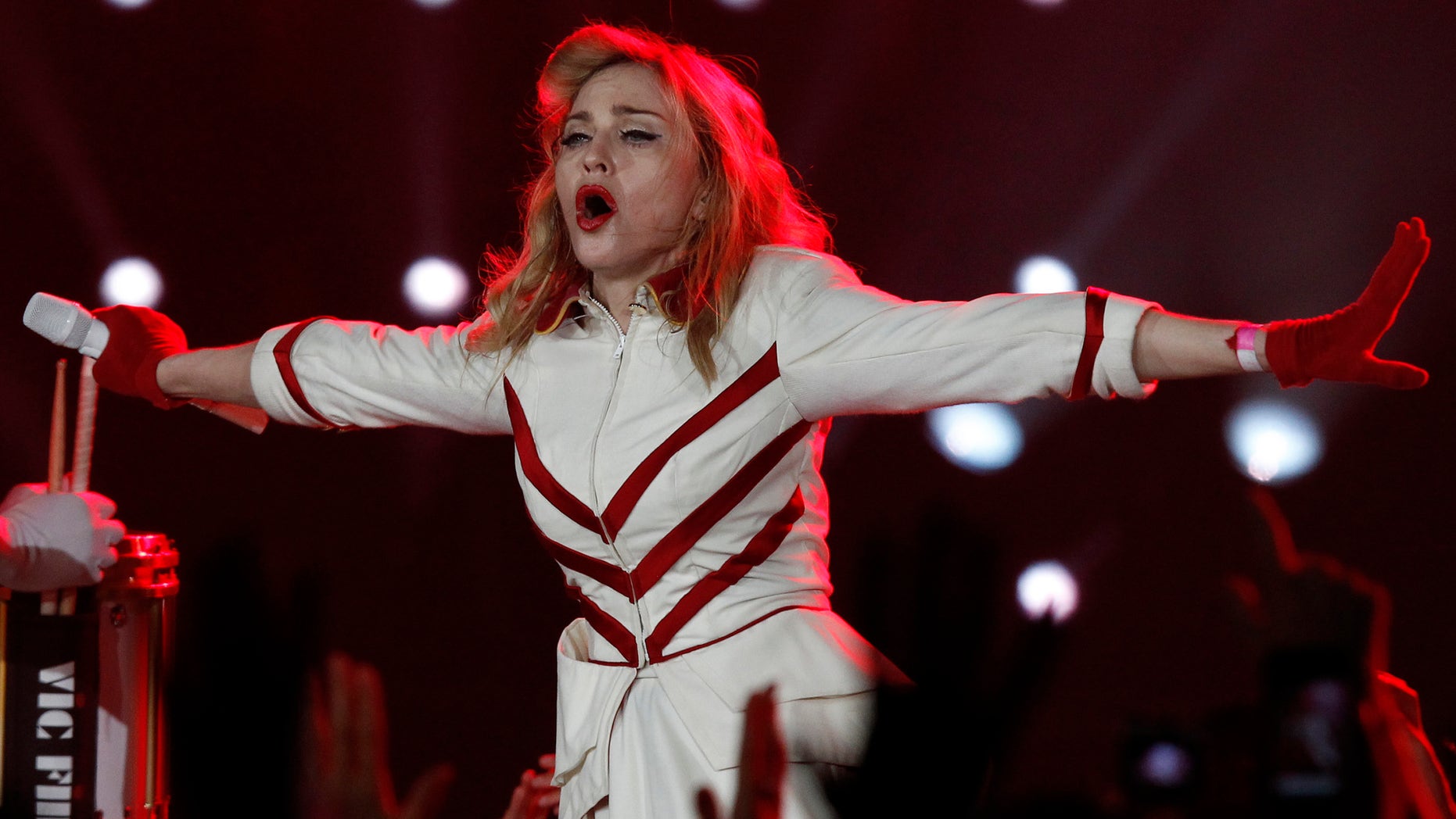 U.S. singer Madonna performs during her concert in St. Petersburg, Russia, Thursday, Aug. 9, 2012. (AP Photo/ Alexander Demianchuk, Pool)