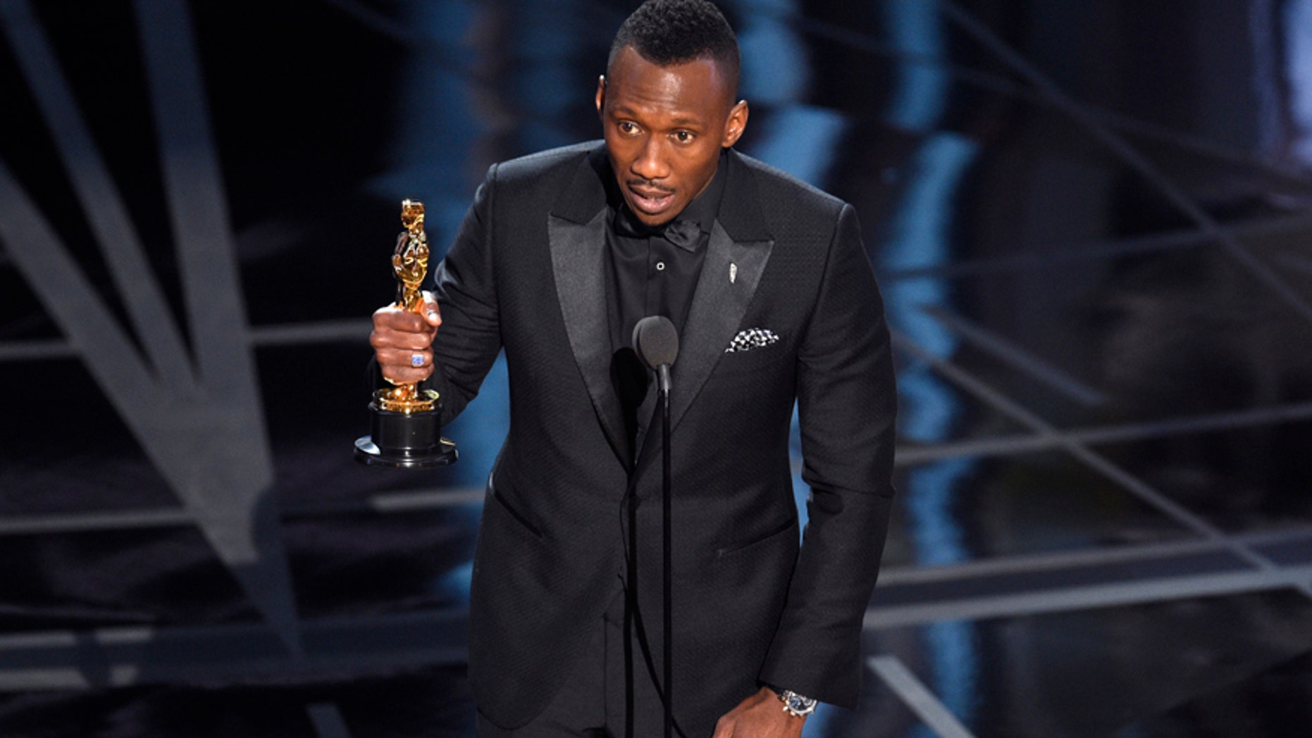 Mahershala Ali accepts the award for best actor in a supporting role for "Moonlight" at the Oscars on Sunday, Feb. 26, 2017, at the Dolby Theatre in Los Angeles.