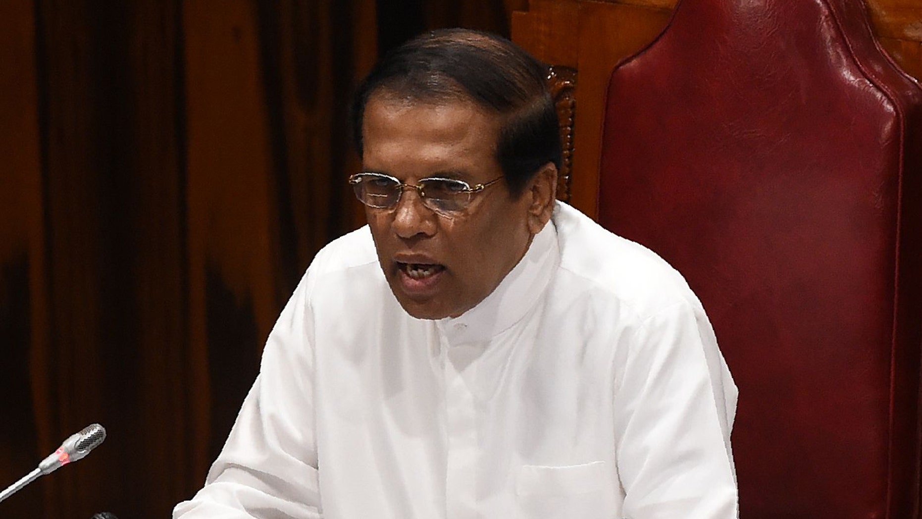 Sri Lankan President Maithripala Sirisena, seen here during an earlier speech in 2018, called the national carrier's cashews so poor that "even dogs can't eat" them.