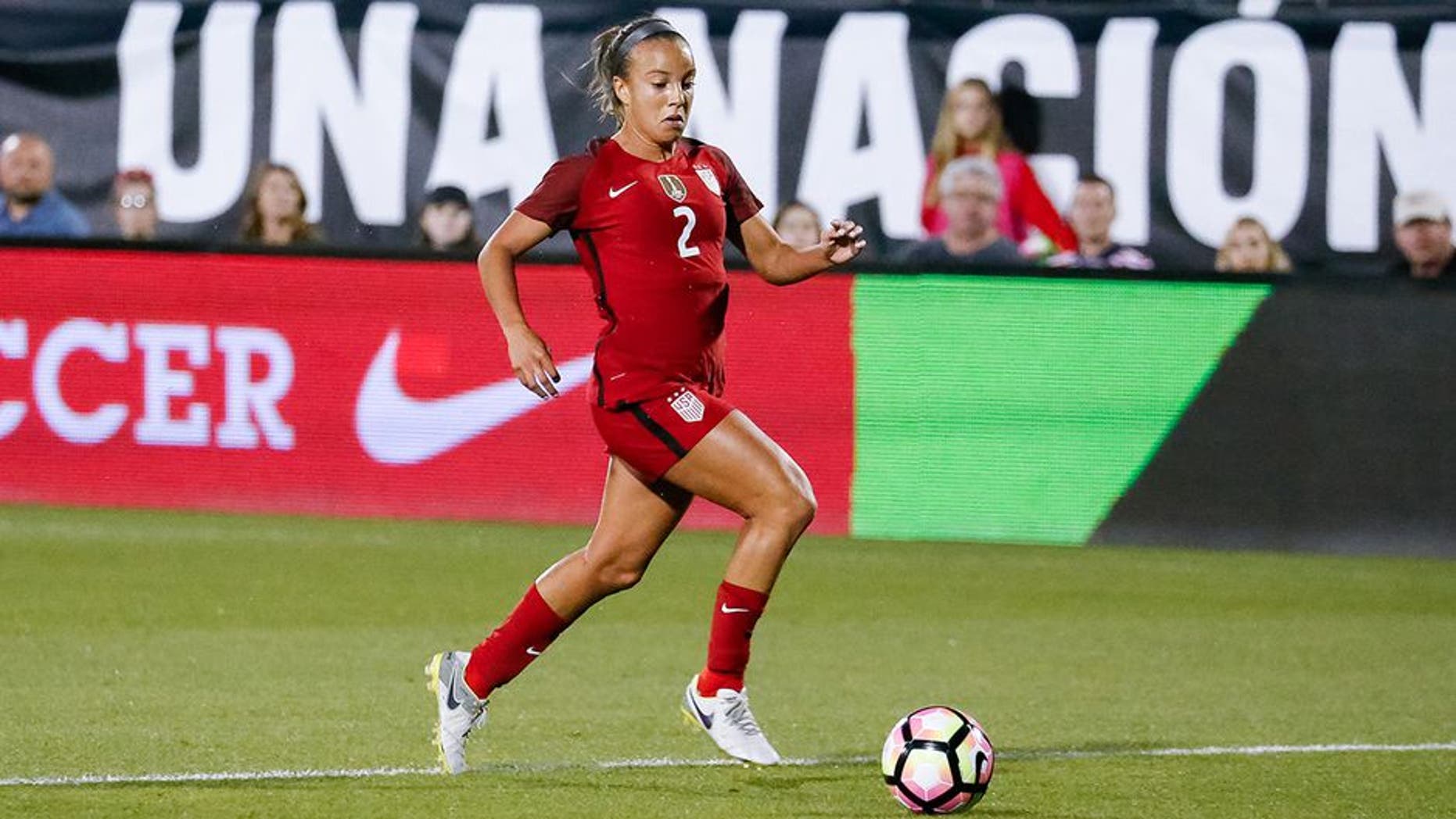 FRISCO, TX - APRIL 06: U.S. Women's National Soccer Midfielder Mallory Pugh (2) brings the ball into the box during the international friendly soccer match between the United States Women's National team and Russian National team on April 6, 2017 at Toyota Stadium in Frisco, TX. The United States defeated Russia 4-0. (Photo by Andrew Dieb/Icon Sportswire) (Icon Sportswire via AP Images)