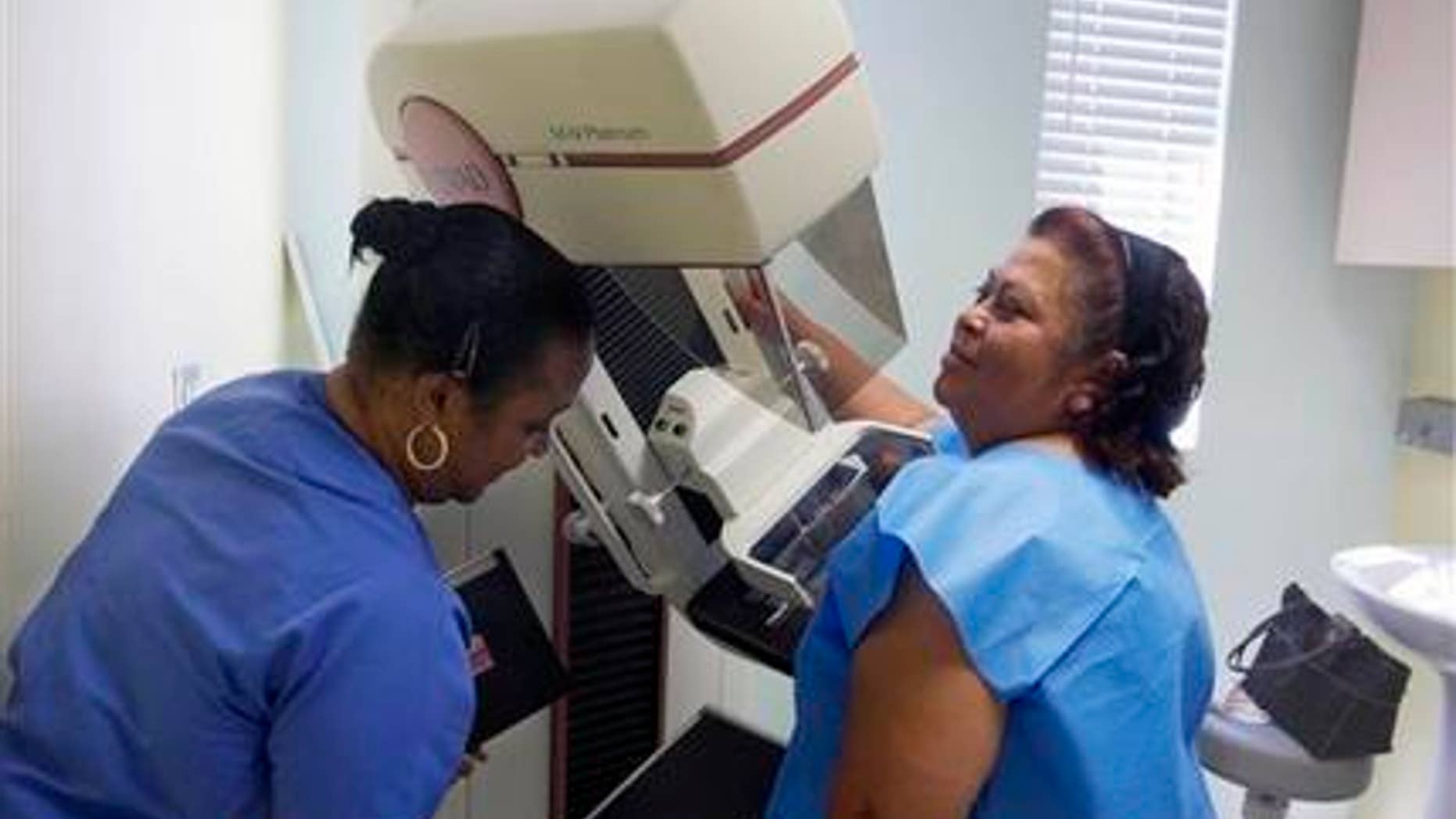 May 6, 2010: In this photo, detection lead mammographer, Toborcia Bedgood, left, prepares a screen-film mammography test for patient Alicia Maldonado, at The Elizabeth Center for Cancer Detection in Los Angeles.