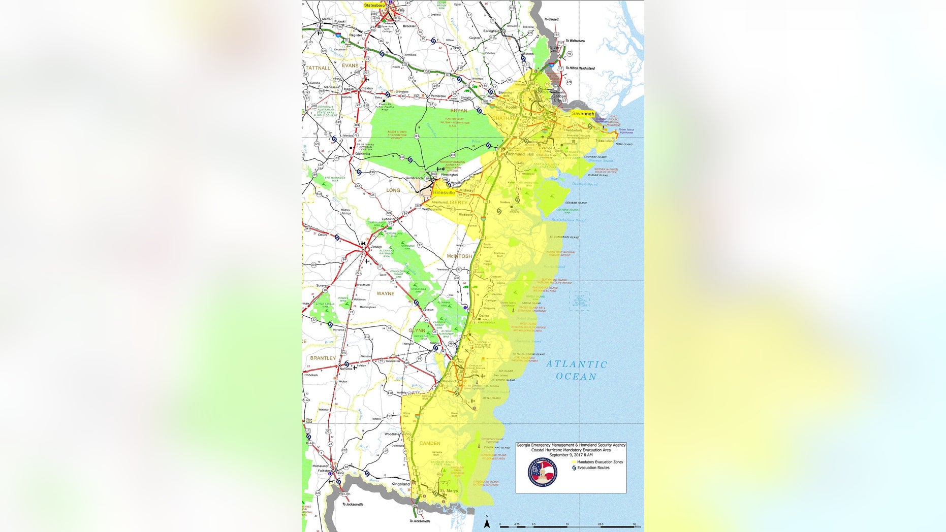 A map of the coastal hurricane mandatory evacuation zones declared in Georgia pending the impact of Hurricane Irma.