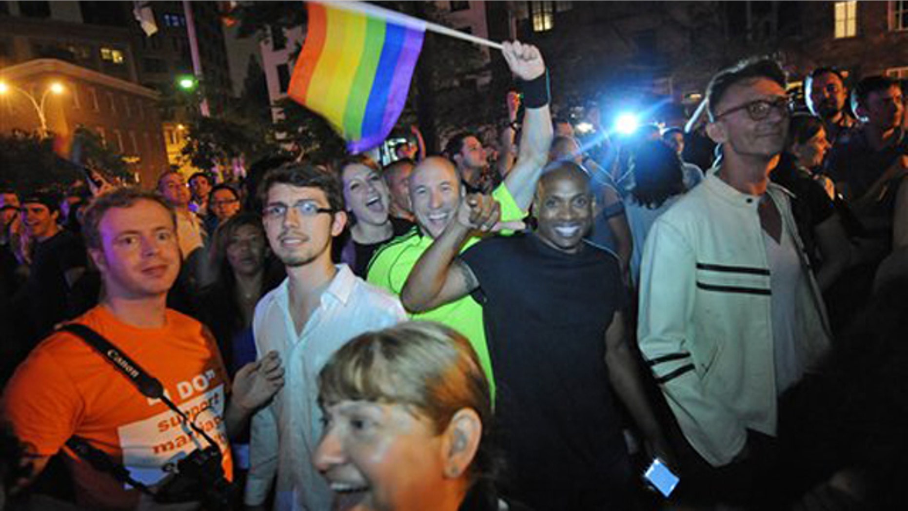 Revelers celebrate in Manhattan's west village following the passing of the same sex marriage bill June 24 in New York.