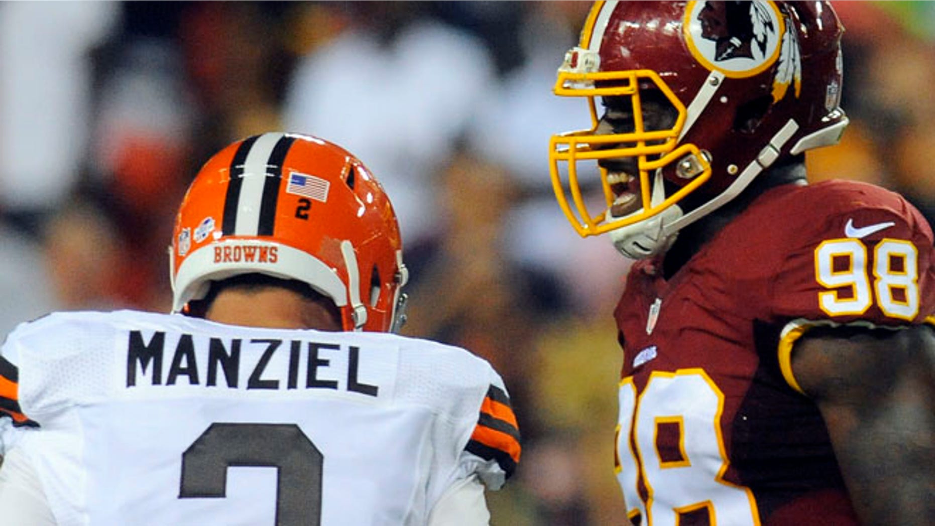 Aug. 18: Redskins outside linebacker Brian Orakpo reacts after Cleveland Browns quarterback Johnny Manziel was sacked during the first half of an NFL preseason football game. (AP)