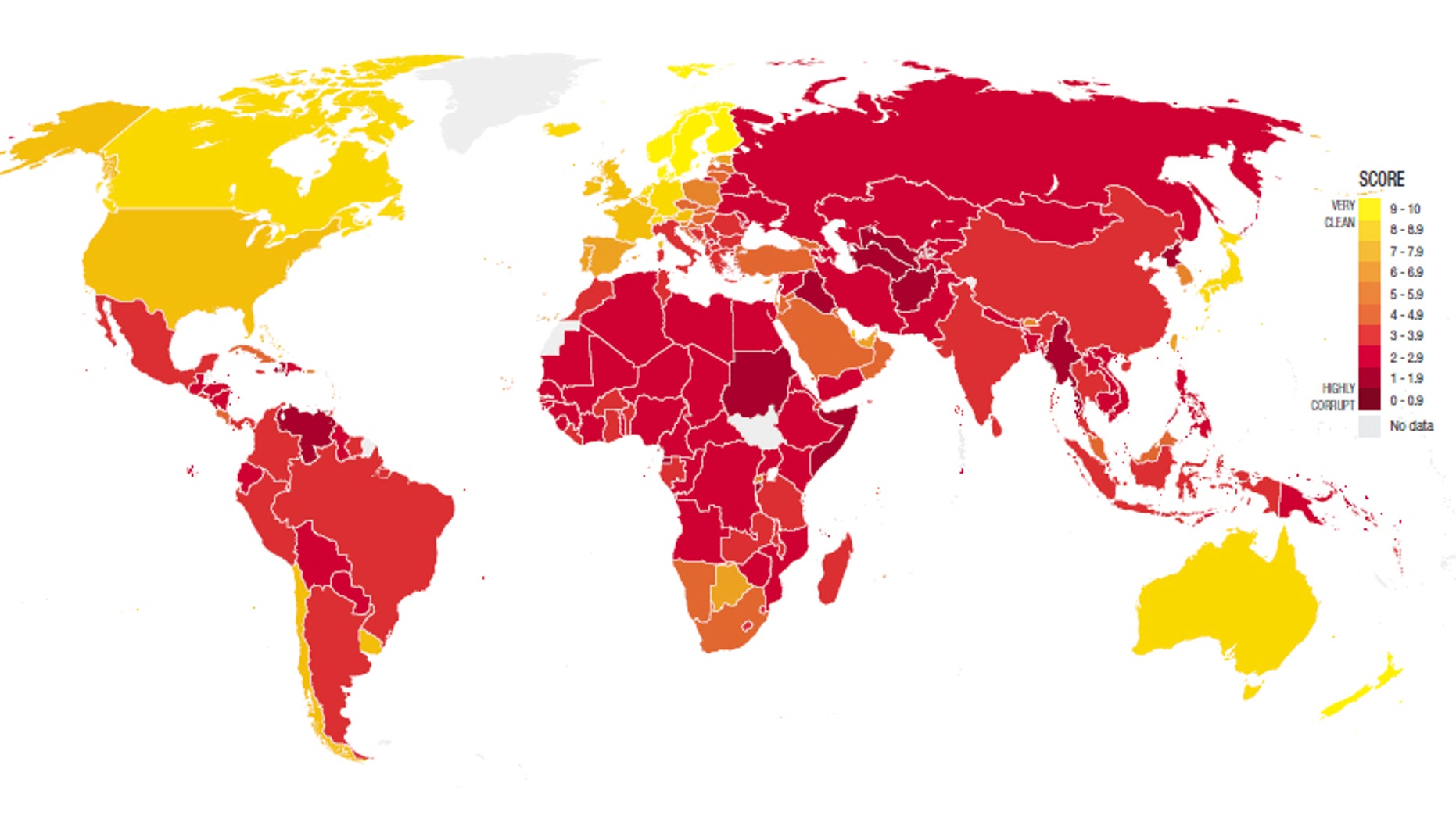 A map of the world showing corruption levels across the globe. Yellow is very clean, while dark red signifies highly corrupt.