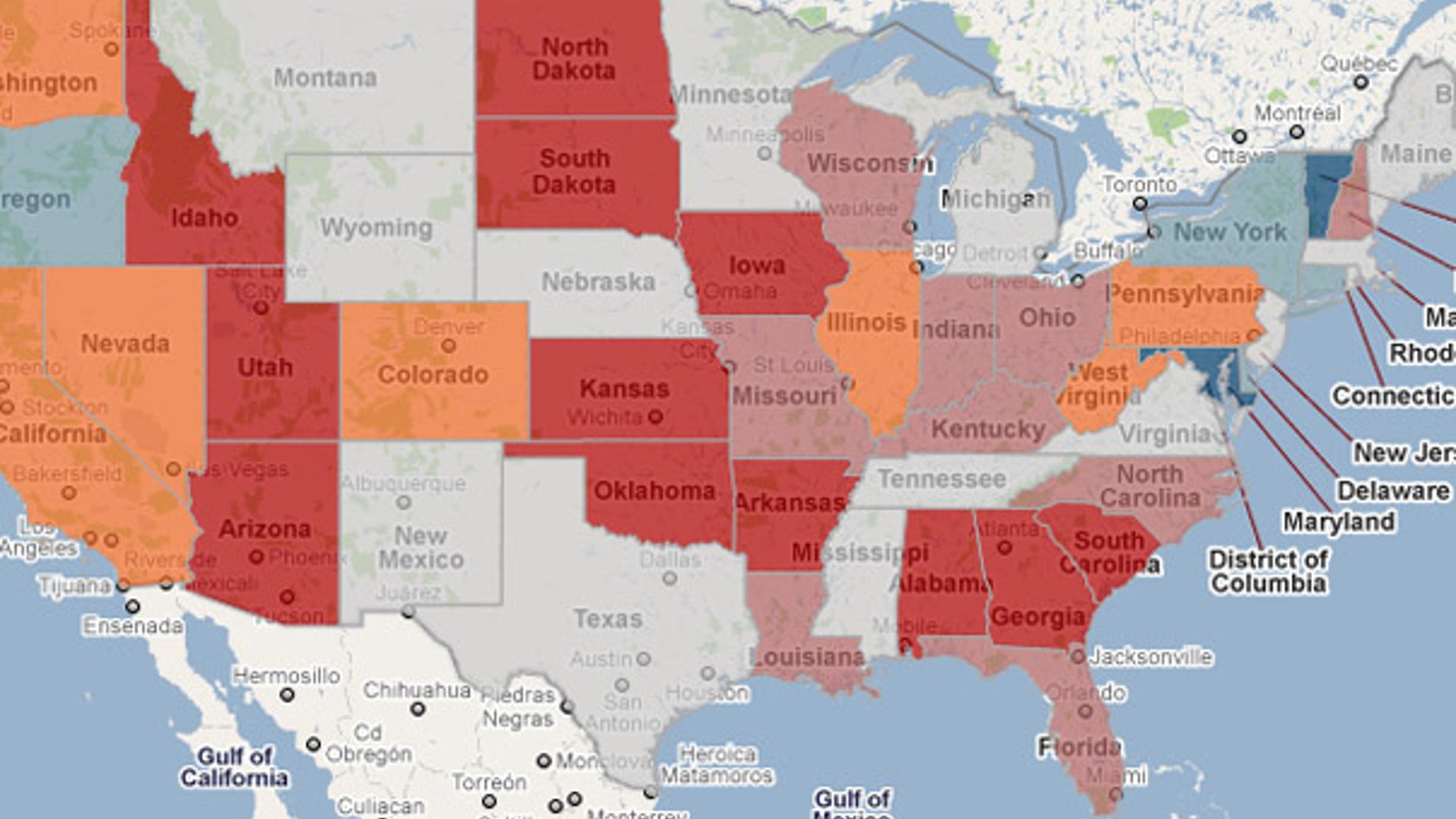 A polling map shows which direction polls are leaning. Orange represents toss-ups; blue leans Democratic, red leans Republican.