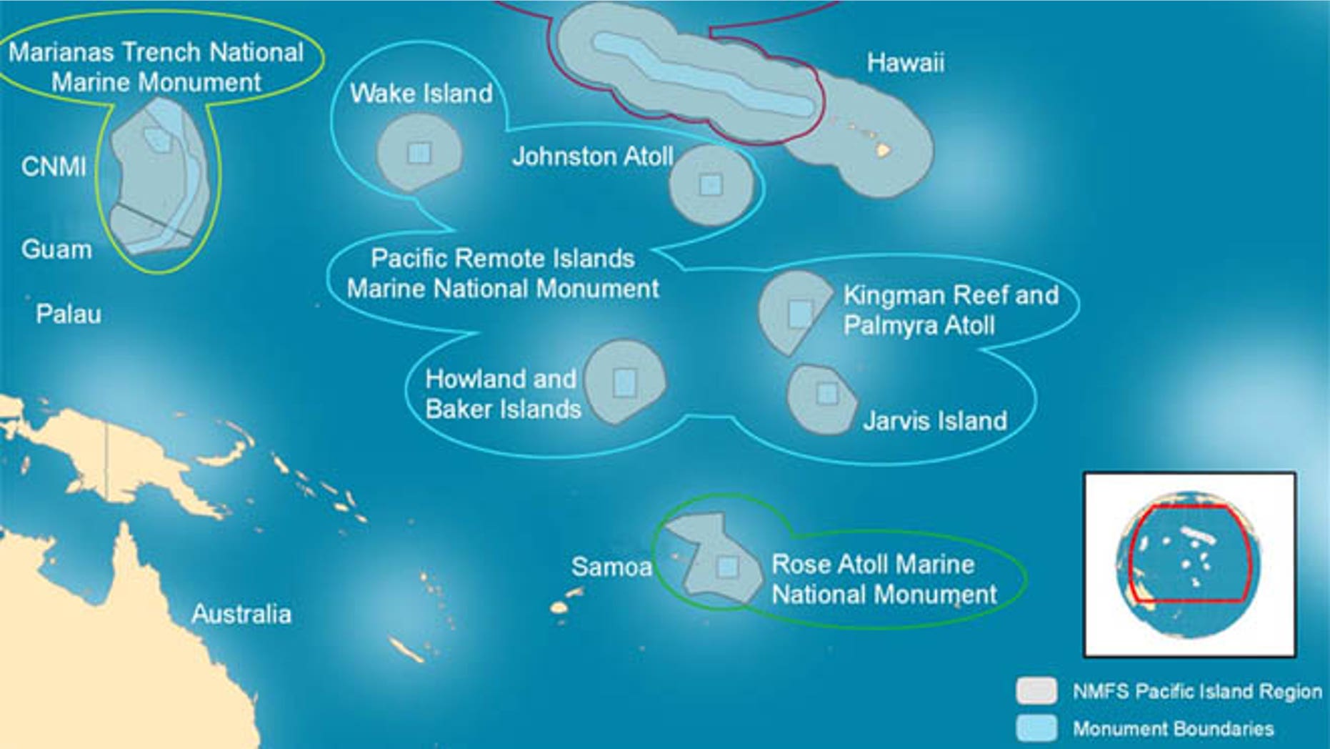 Shown here, center, is a map of the Pacific Remote Islands Marine National Monument, which the Obama administration is looking to significantly expand.