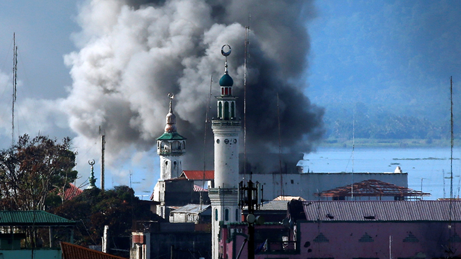 June 27, 2017: An explosion is seen after a Philippines army aircraft released a bomb during an airstrike as government troops continue their assault against insurgents from the Maute group in Marawi city.