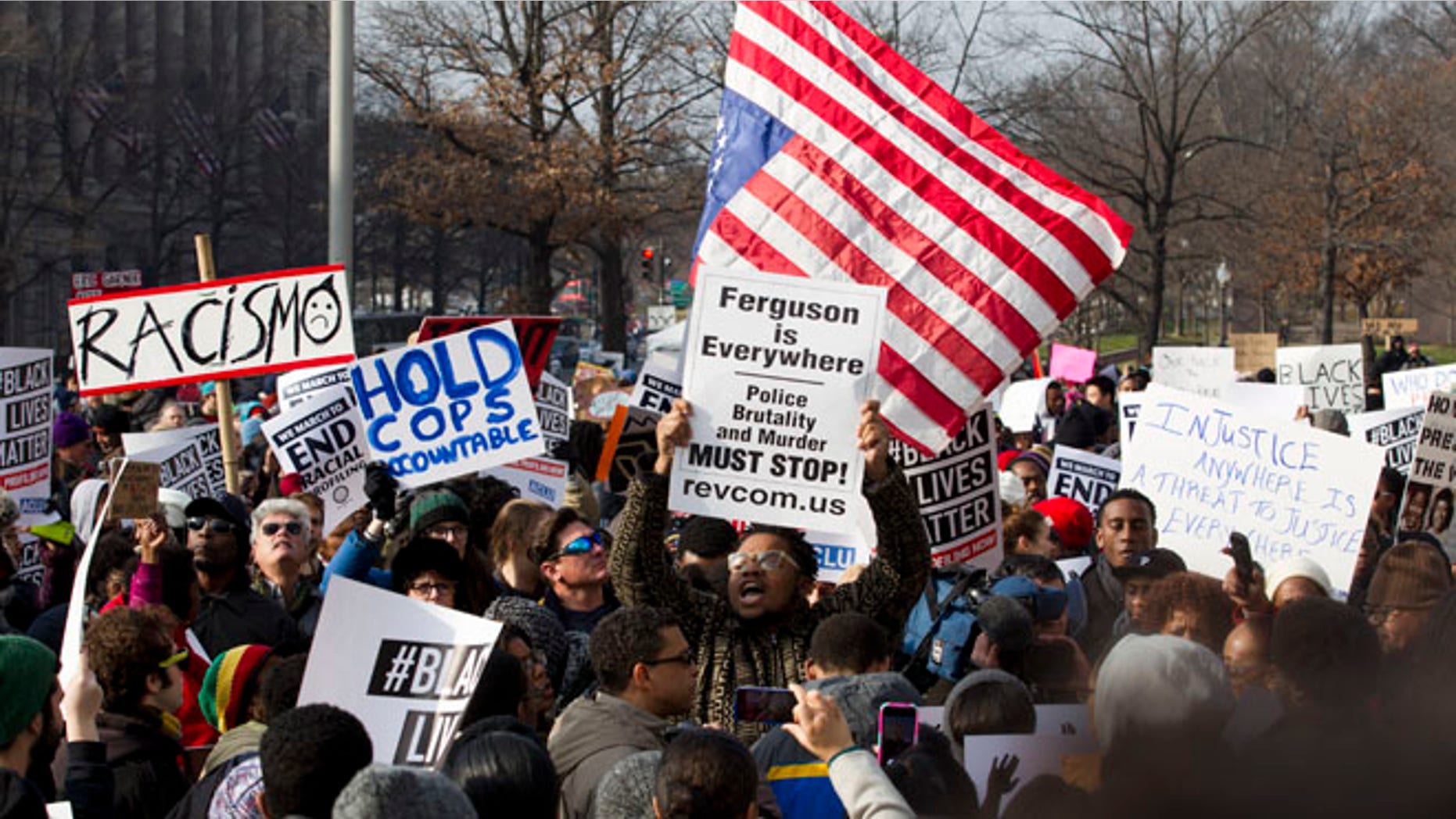 Dec. 13, 2014: Demonstrators chant at Freedom Plaza in Washington, Saturday during the Justice for All rally and march. (AP)