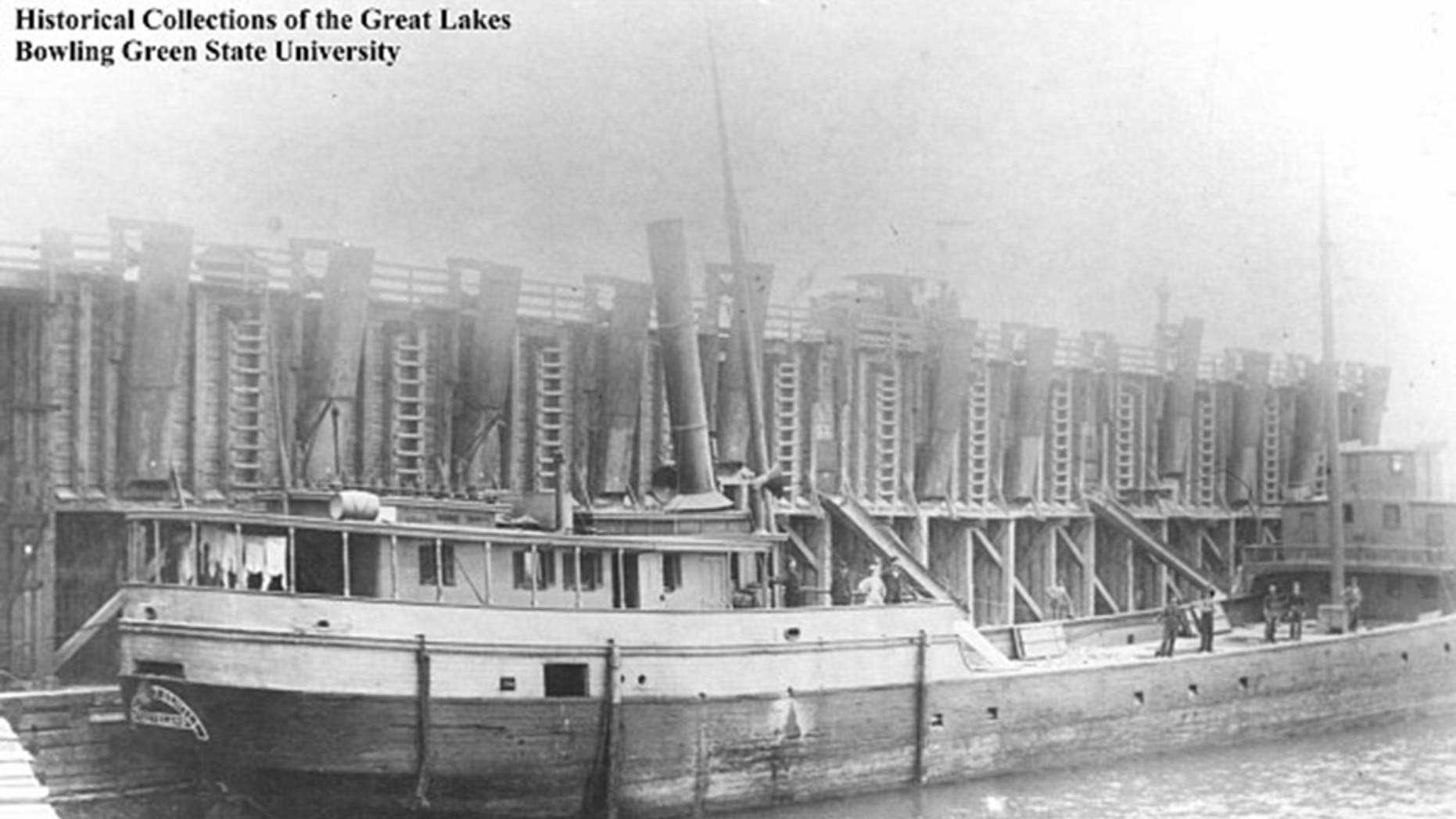 The wooden steam barge Margaret Olwill sank in Lake Erie in 1899 during a storm.