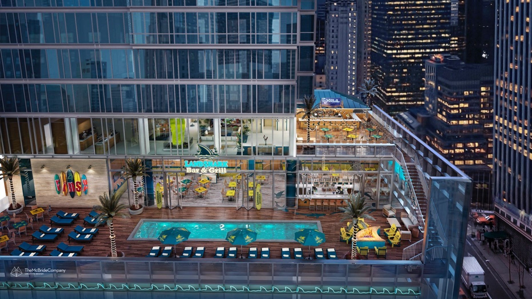 Concept art shows the rooftop Landshark Bar and Grill — and rooftop pool — which will open along with the resort in 2020.