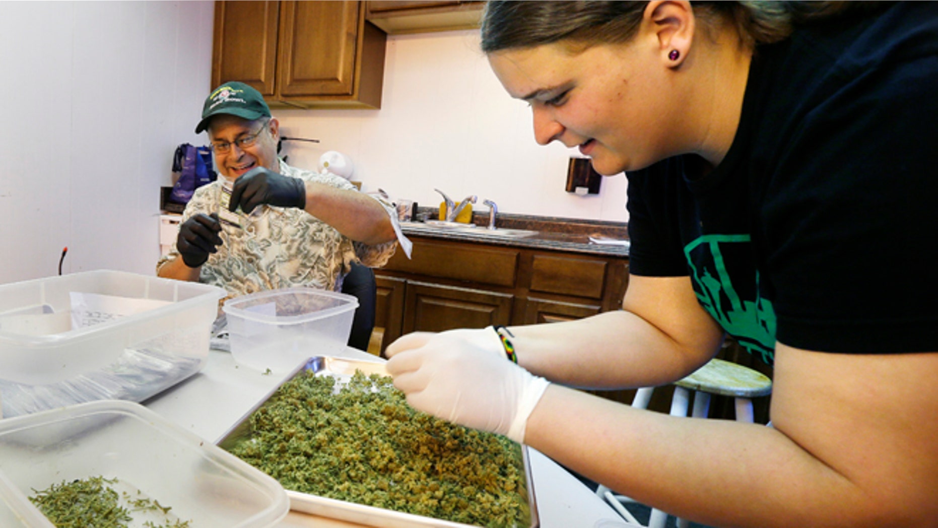 July 1, 2014: In this photo, workers Kristi Tobias, right, and Bruce Cumming prepare packets of a variety of recreational marijuana named "Space Needle" at Sea of Green Farms in Seattle. Workers at the grower, the first business licensed to grow recreational marijuana in Washington state, worked all weekend to have supplies ready for stores that were expected to be granted sale licenses on Monday, the day before the first day of legal recreational pot sales in Washington state.