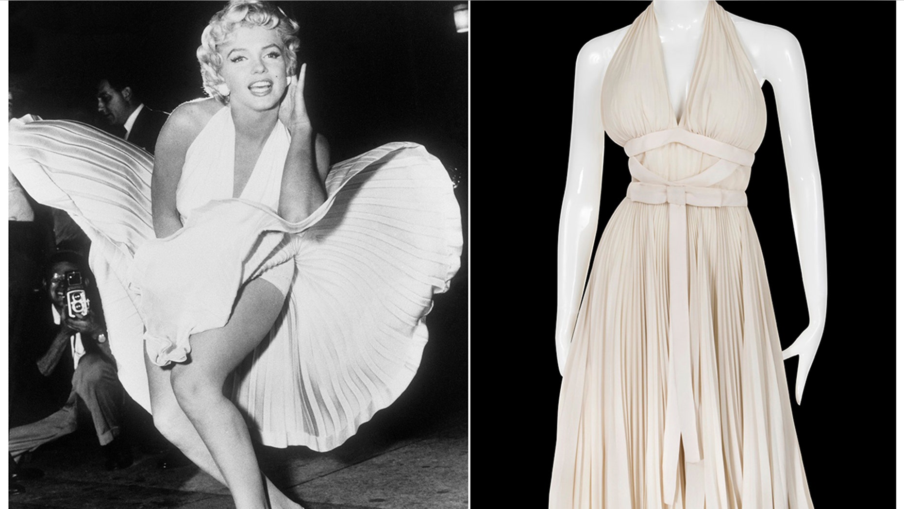 This combination photo shows actress Marilyn Monroe posing over the updraft of a New York subway grate while filming "The Seven Year Itch" New York, left, and the dress she is wearing on a mannequin. The dress, created by Bill Travilla, is one of several items that will be up for auction in October 2018.