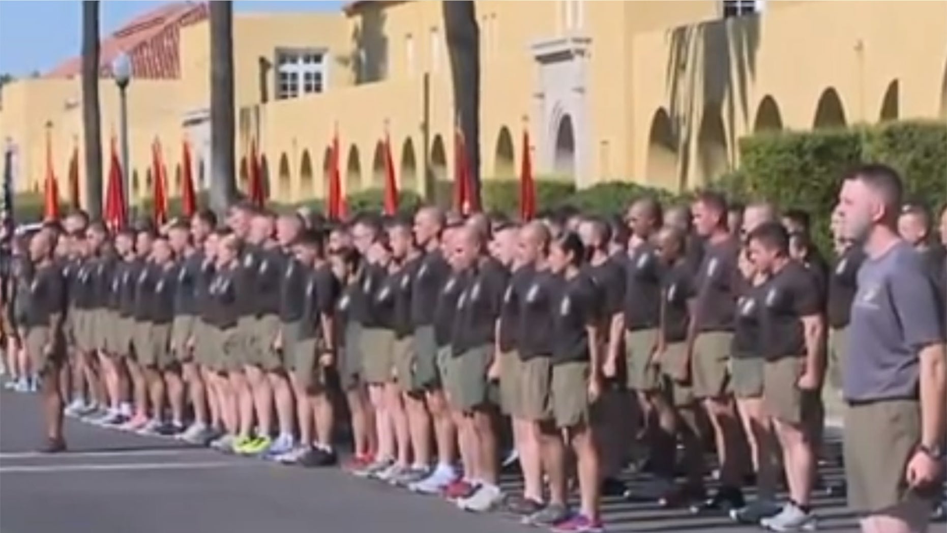 Recruits are pictured at Marine Corps Recruit Depot in San Diego, where more than 300 cases of E. coli have been reported.
