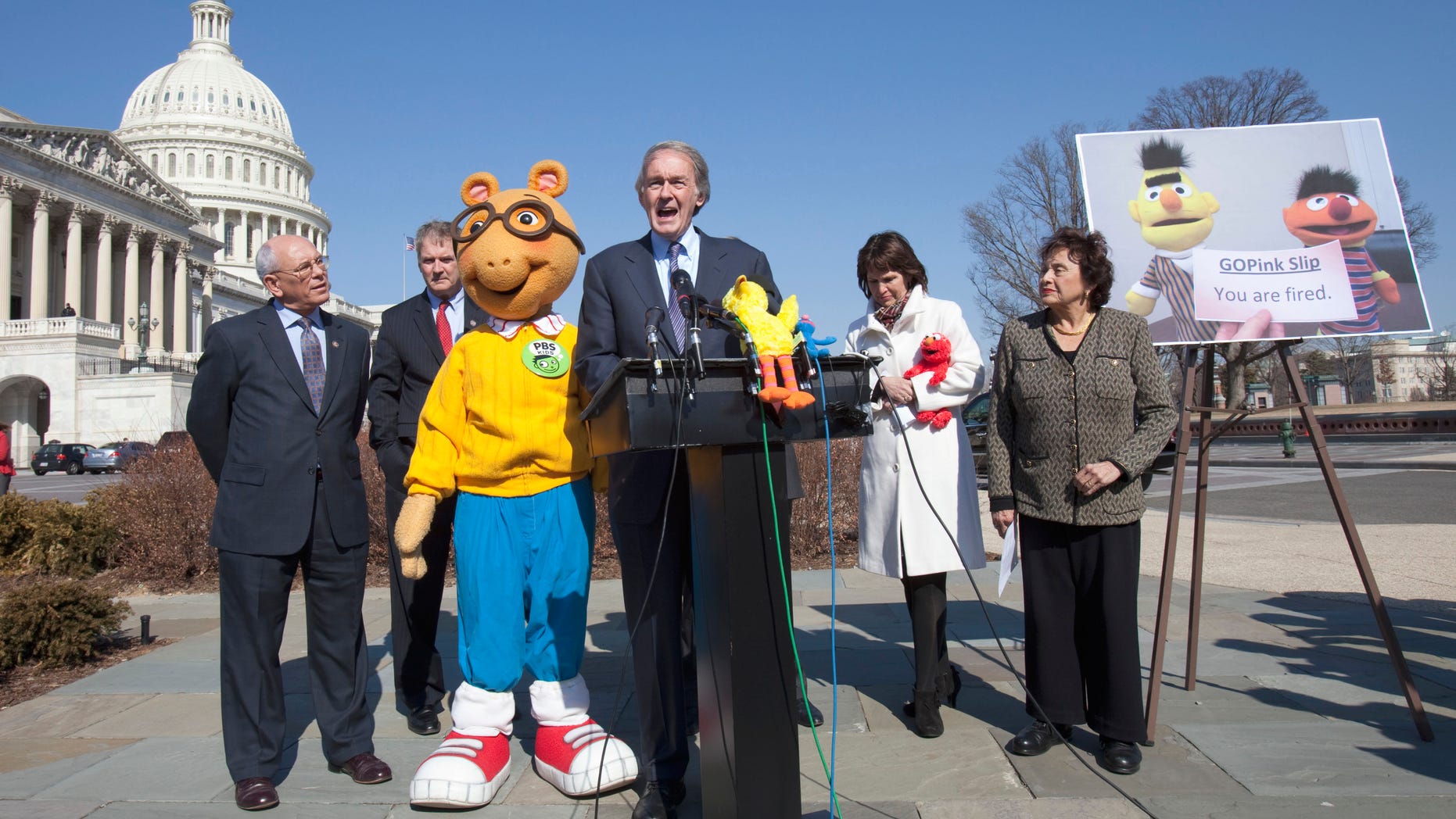 Wednesday: Rep. Ed Markey, D-Mass., accompanied by Rep. Paul Tonko, D-N.Y., Rep. Bill Owens, D-N.Y., Arthur the Aardvark, Rep. Betty McCollum, D-Minn., and Rep. Nita Lowey, D-N.Y., speaks during news conference on Capitol Hill to discuss the future of Public Broadcasting.
