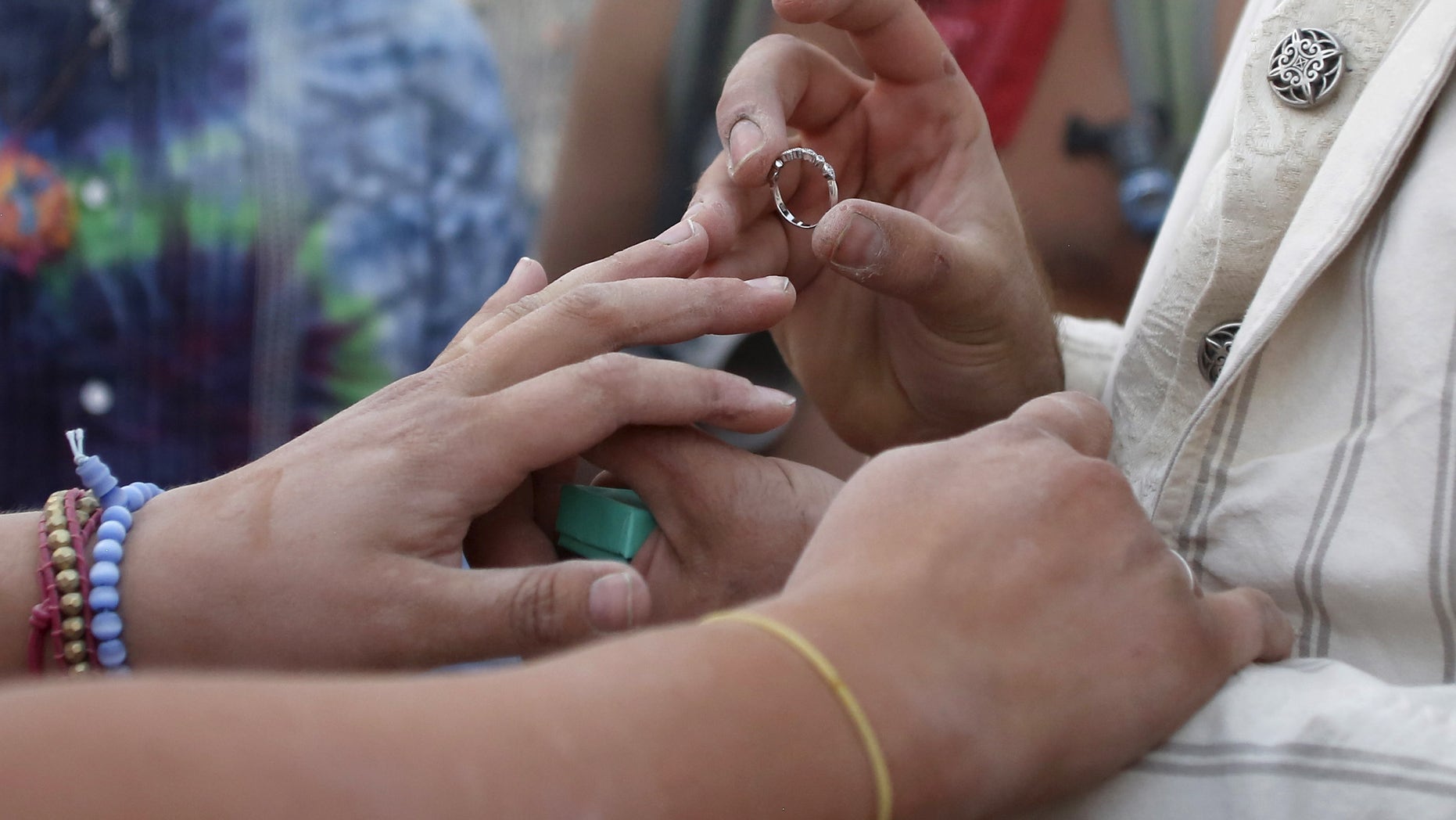 September 2, 2015– Groom places a ring on bride’s finger at a wedding ceremony in Nevada. (REUTERS)