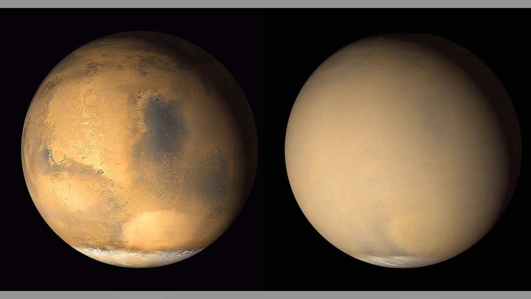 Two images by NASA's Mars Global Surveyor orbiter taken in 2001 show a dramatic change in the Red Planet's appearance when haze raised by dust-storm activity in the south became globally distributed. The photos were taken about a month apart.