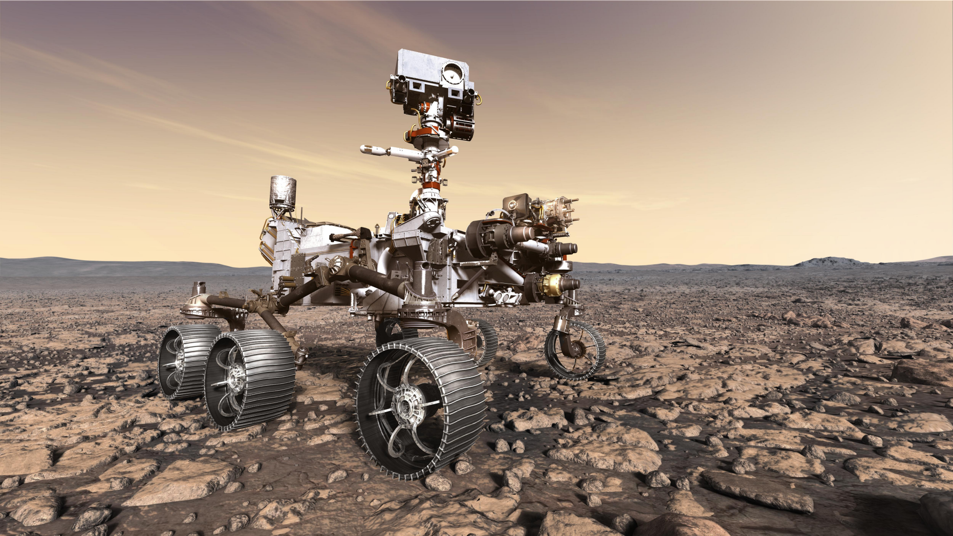 Artist's illustration of NASA's life-hunting Mars 2020 rover on the Red Planet's surface.