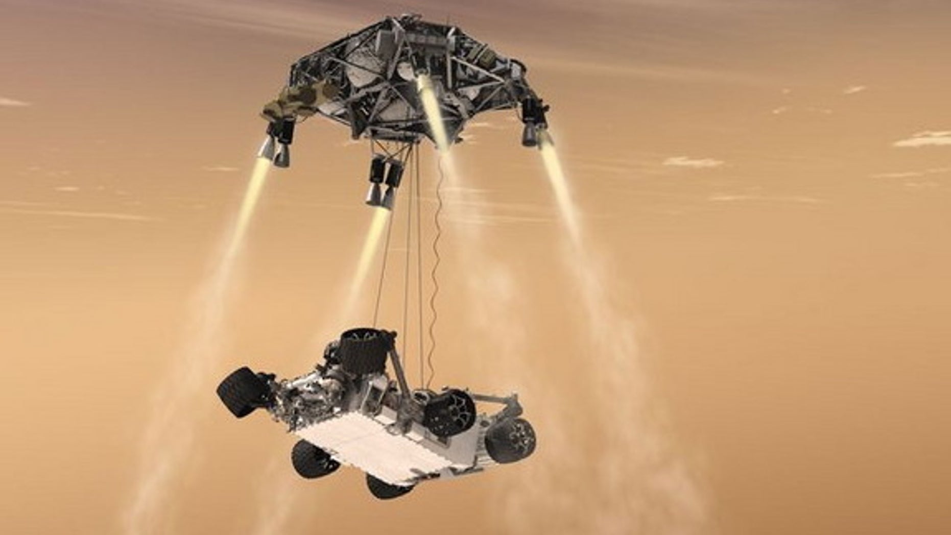 This artist's concept shows the sky-crane maneuver during the descent of NASA's Curiosity rover to the Martian surface, which engineers dubbed "seven minutes of terror." The Mars 2020 mission will leverage the design of this landing system and