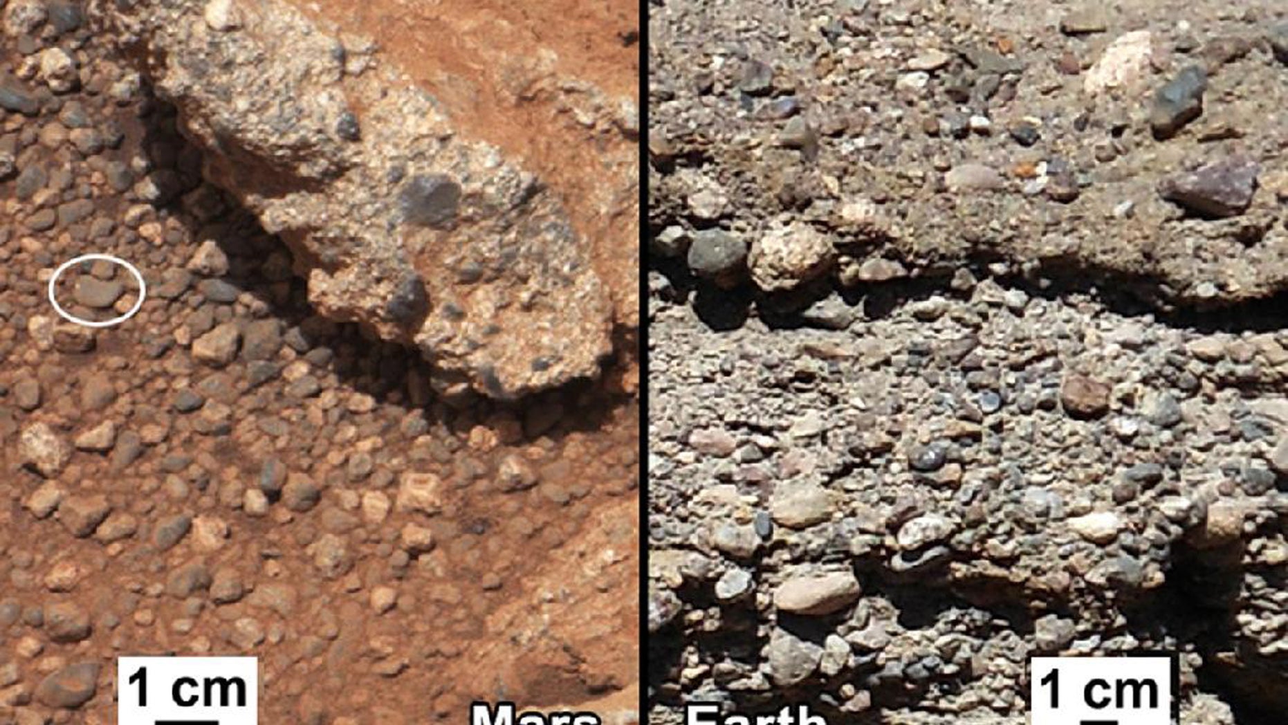 This image provided by NASA shows shows a Martian rock outcrop near the landing site of the rover Curiosity thought to be the site of an ancient streambed, next to similar rocks shown on earth. Curiosity landed in a crater near Mars' equator on Aug. 5, 2012, on a two-year mission to study whether the environment could have been favorable for microbial life. (AP Photo/NASA)