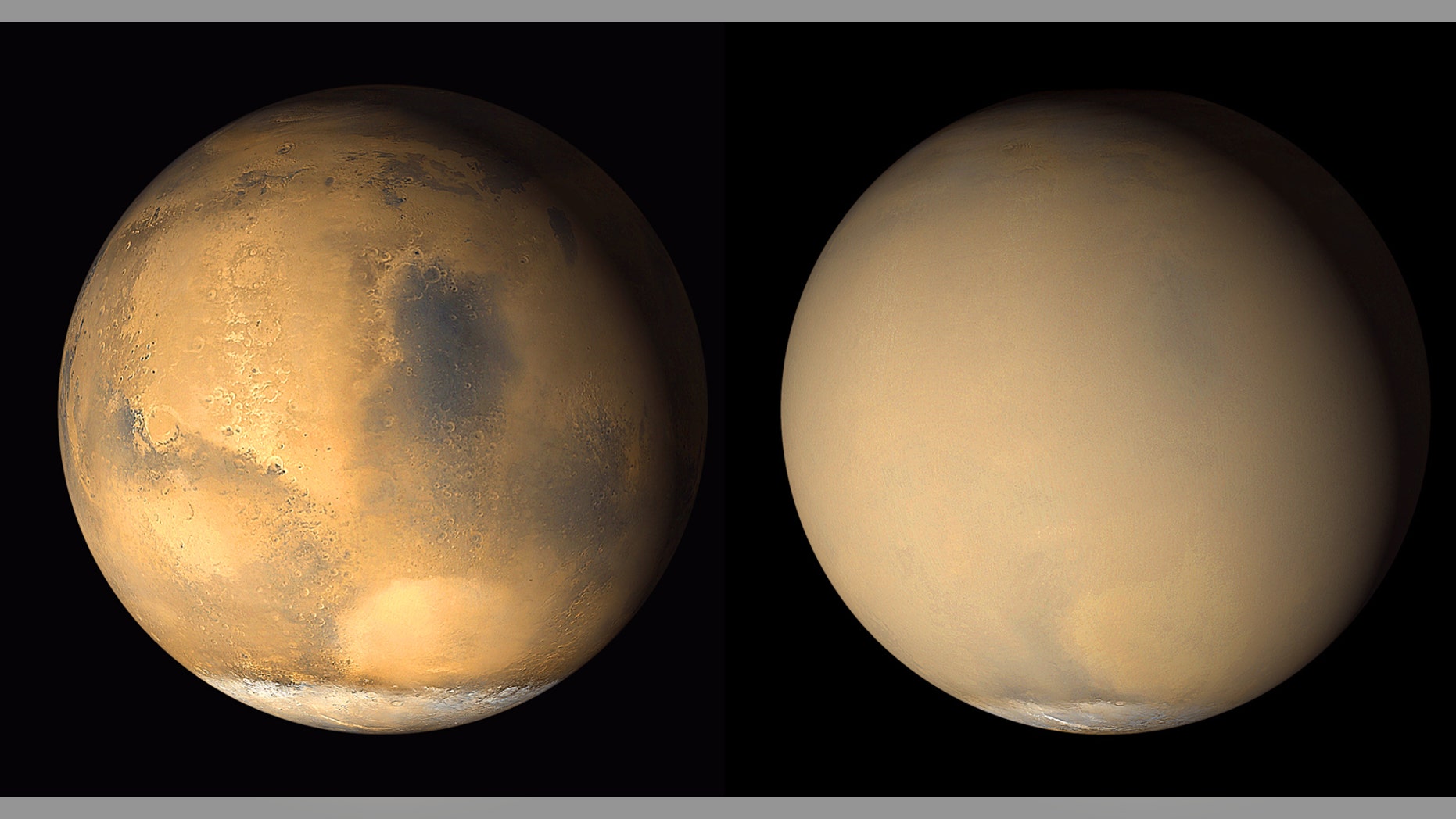 This image illustrates the haze that engulfs Mars during major dust storms. These two images were taken in 2001, about a month apart.