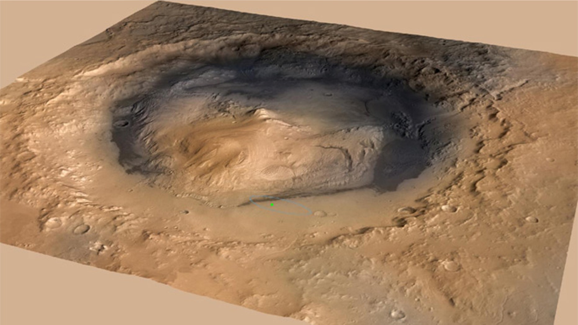 NASA's Curiosity rover landed in the Martian crater known as Gale Crater, which is approximately the size of Connecticut and Rhode Island combined. A green dot shows where the rover landed, well within its targeted landing ellipse, outlined in blue.