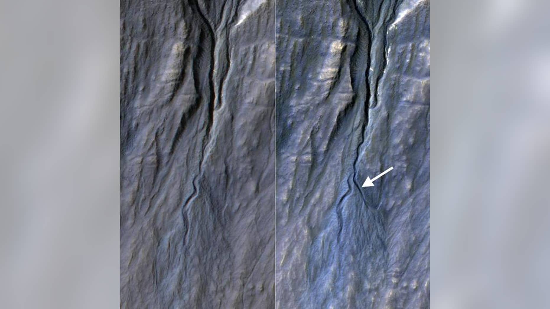This pair of before (left) and after (right) images from the High Resolution Imaging Science Experiment (HiRISE) camera on NASA's Mars Reconnaissance Orbiter documents the formation of a substantial new channel on a Martian slope between Nov. 5