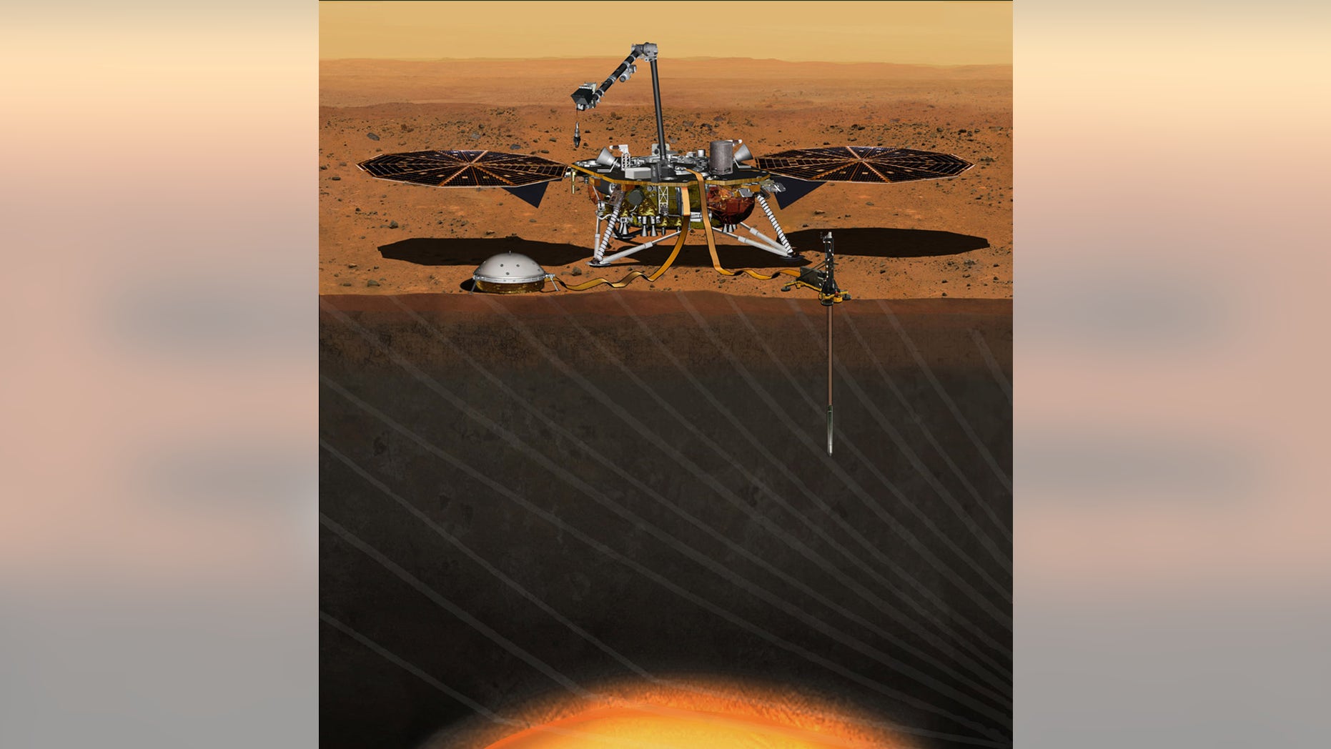This artist's concept from August 2015 depicts NASA's InSight Mars lander fully deployed for studying the deep interior of the Red Planet. The lander is scheduled to launch in the spring of 2018.