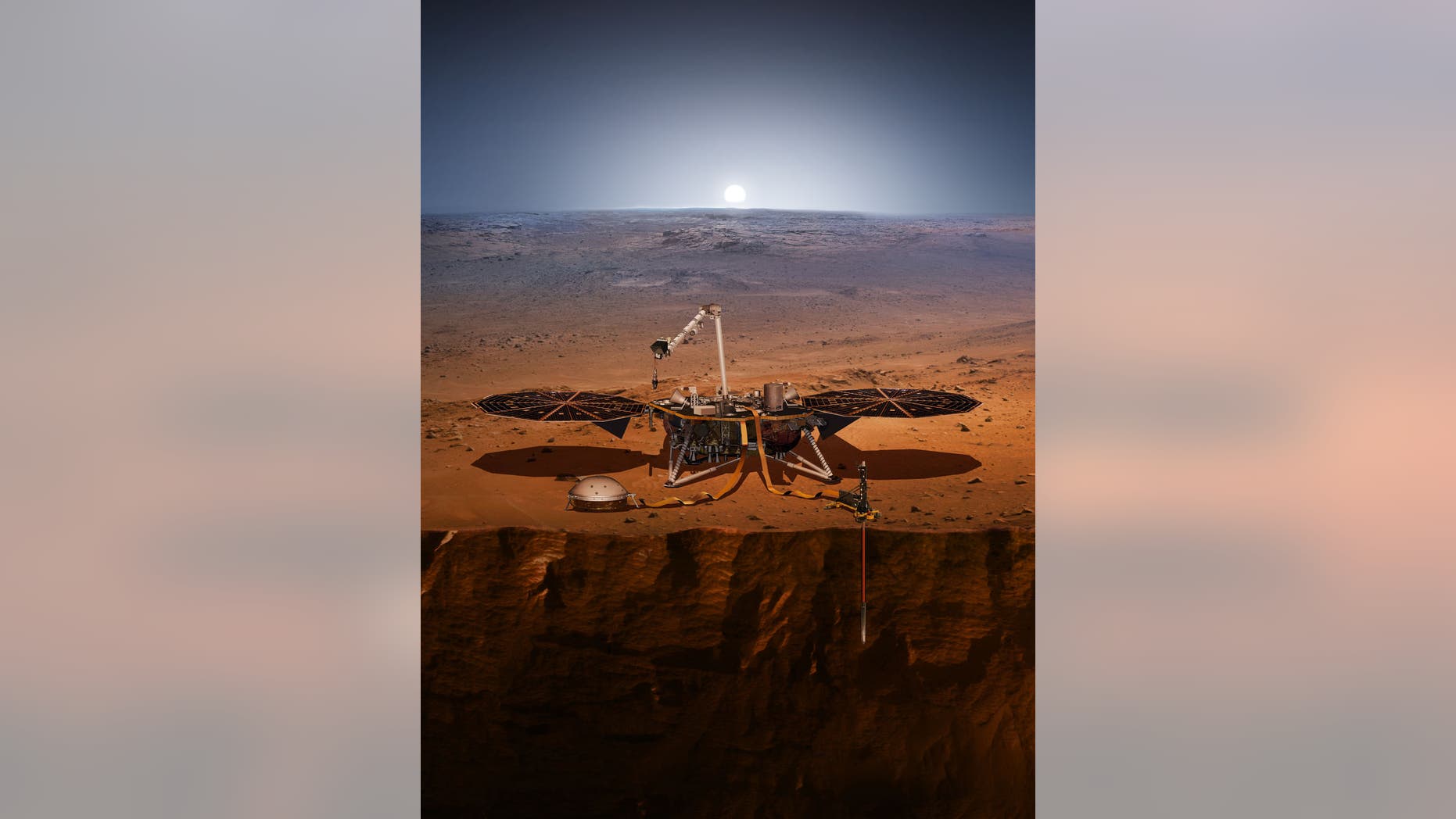 Artist's illustration of NASA's Mars InSight lander, which is scheduled to launch on May 5, 2018, to probe the Red Planet's interior structure.
