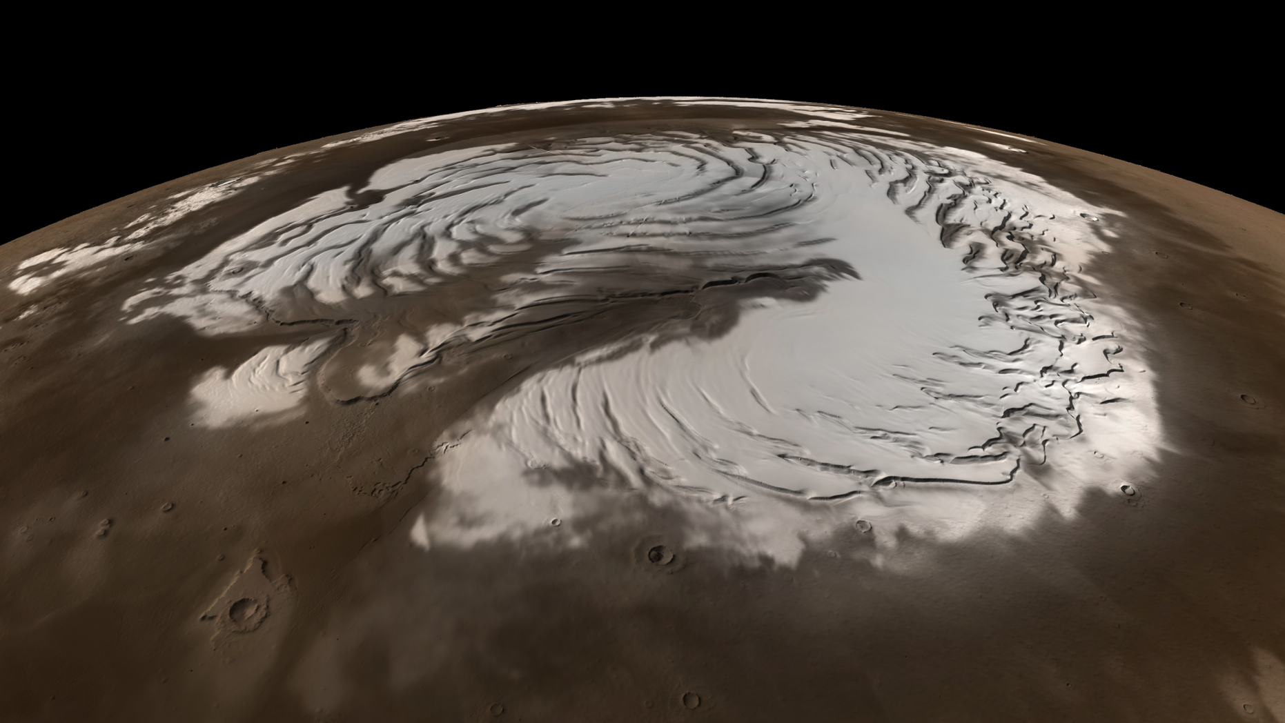 This true-color image of Mars’ north pole incorporates data from NASA’s Mars Global Surveyor spacecraft.